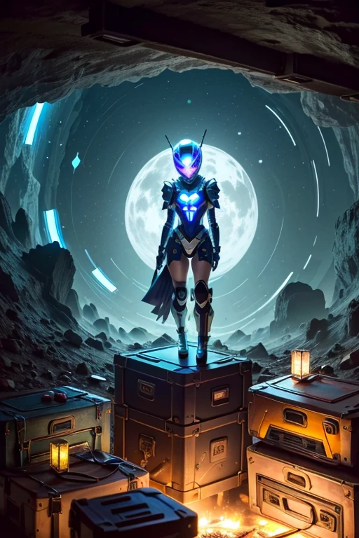 (best quality,4k,8k,highres,masterpiece:1.37), ultra-detailed, (realistic,photorealistic,photo-realistic:1.37), (aerial view), (top down perspective), 1woman, (the foreground is a woman pulling a video game cartridge out of a futuristic artifact box full of video game cartridges:1.6), (the woman is looking down:1.4), (Futuristic artifact box), (the artifact box is open), (The scene unfolds inside a mystical cavern:1.4), robot joints, mecha musume, (The woman is wearing a cyber suit made with glass details, covering her entire body:1.5), gatchaman, (She has a helmet glass visor:1.4), (dynamic angle:1.37), headgear, mechanical parts, (The woman's headgear is made of fractal mechanical parts:1.4), (fantasy and sci-fi mixed:1.37), holographic glitch effects floats around the woman, vibrant colors, (A blue glow emanates from inside the treasure chest), glowing lights, (abandoned machinery), (there are video game cartridges and consoles on the background), mystical creatures, (there are crystal formations spreading on the background), (futuristic technology), (ancient artifacts), mystical energy, vibrant retro aesthetic, atmospheric lighting, ancient ruins, mysterious symbols, lush vegetation, nostalgic atmosphere, epic adventure, delightful surprises