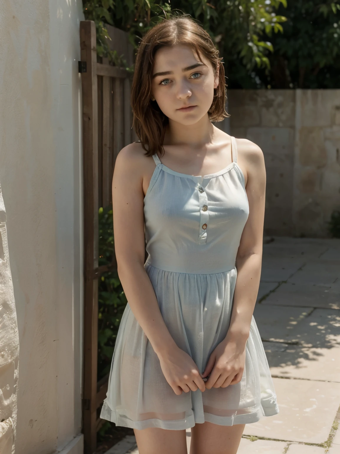 (well-drawn perfect eyes) 18-year-old maisie williams in sundress cute face realistic short skirt see through