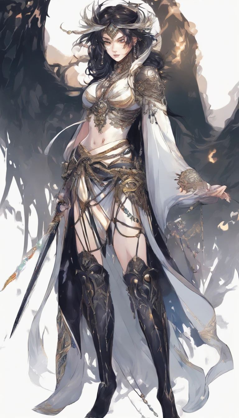 Body painting of a European female, kneeling down while crying angrily, black burn scar on the whole left side of her body, long hair, very messy hair, silver hair, dark blue eyes, white diamond pupil, sharp black claws on her left hand, thorny frame, Decorative panels, abstract, night time,
artistic, by Alphonse Mucha
(Masterpiece, Best Quality, Highres:1.4), Detailed, Intricate Details, 4K, color splashes, line art, Expression of anger, Perfect body proportions, kaftan, Black and white robes, A scabbard hangs from her waist, beautiful, Full body view,(Night background:1.3), swordswoman, she held a long knife that was wide and heavy in her hand, Face the lens, (Blackn clothes:0.8), High detail, Masterpiece, ccurate, Anatomically correct, Textured skin, night time, kneeling down like a soldier, armour,