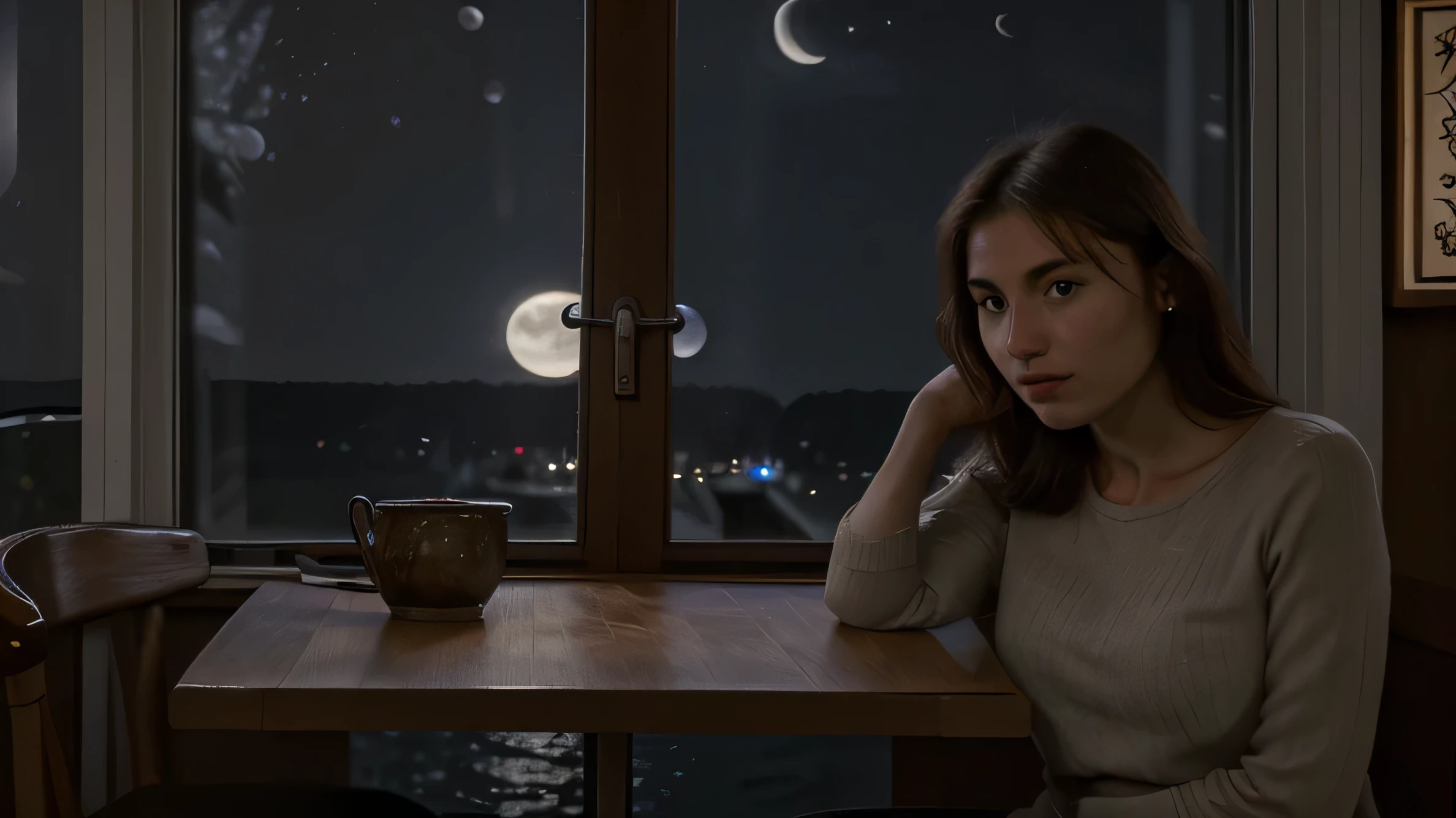 close up of man and woman sitting at a table, night time, moonlight shining through the window