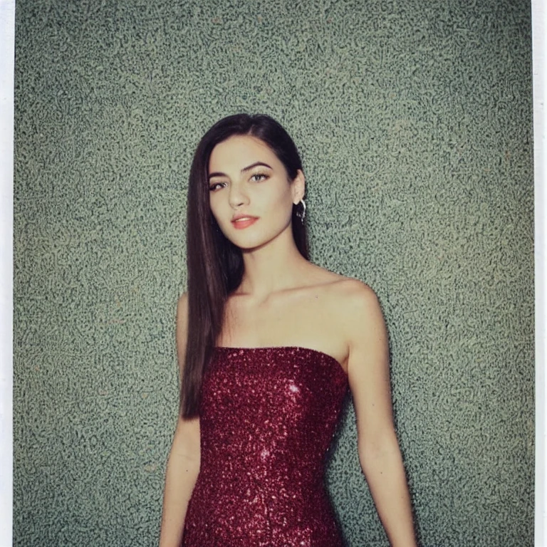 portrait of a brunette woman, strapless red glitter dress, bedroom background, fujifilm-instax-mini-v1beta, polaroid,  cleavages, earrings, necklace, bracelets