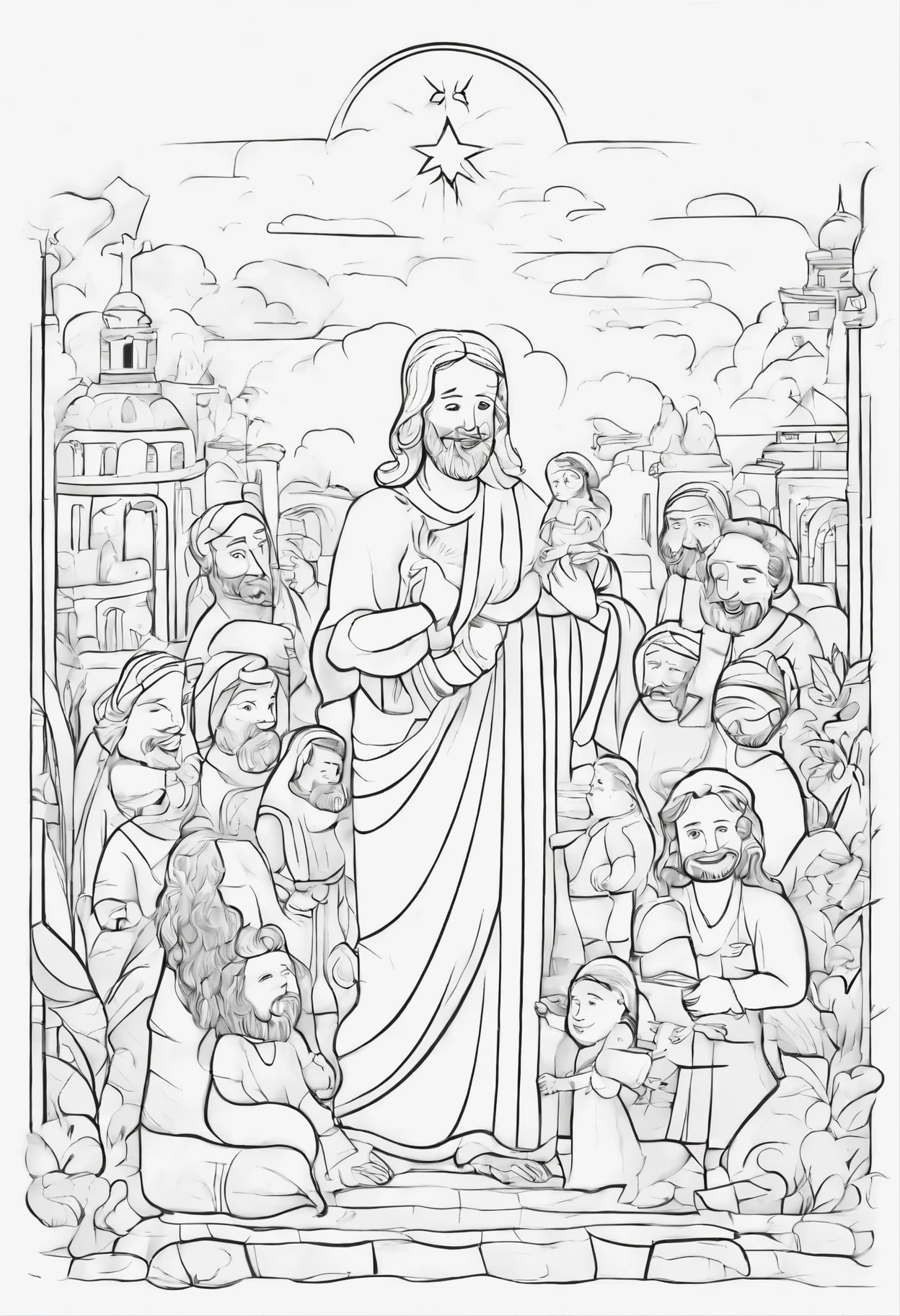 Draw a scene for a coloring 3D book, where a playful and child-friendly baby cartoon Jesus with exaggerated features, is surrounded by diverse people, showing love and compassion toward each of them. In the center of the image, he places Jesus with open arms and a warm smile, while around him are people of different ages, races and social conditions. Make the scene convey the idea of love, acceptance and connection between everyone.