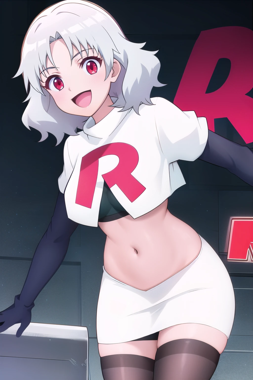 Tina_Holly, smile, (acclaimed, alluring, captivating, exciting, gorgeous), (trending on CGSociety, trending on pixiv, contest winner:1.3), team rocket,team rocket uniform,white skirt,red letter R,crop top,black thigh-highs,black elbow gloves