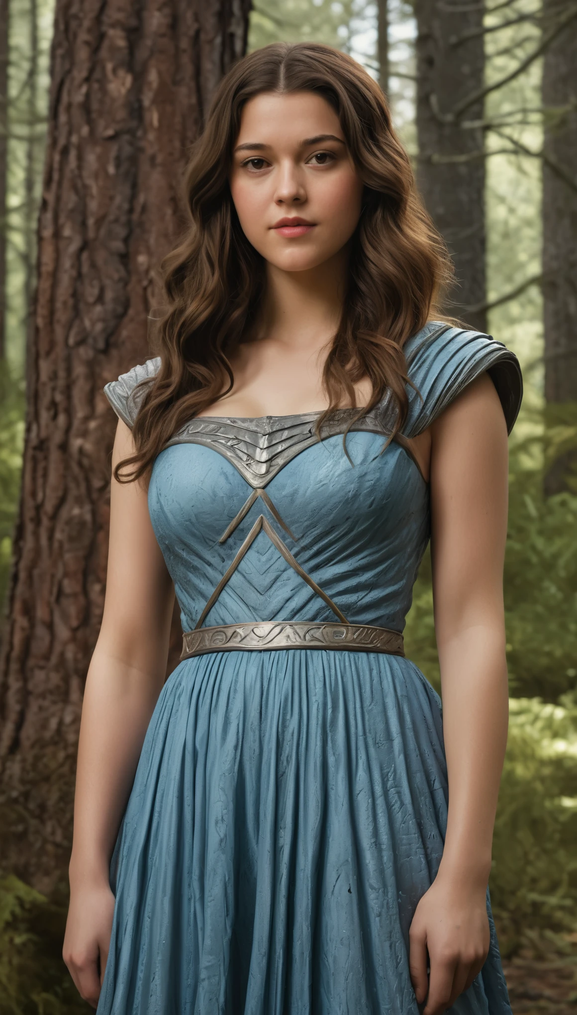 An illustrated movie poster, hand-drawn, full color, a Westerosi teen girl, wearing a long regal dress, resembles Mary Elizabeth Winstead, sun-tanned complexion, tall, athletic, Amazonian figure, curvy, toned midriff, bottom-heavy, generous hips, massive bubble-butt, ridiculously thick powerful thighs, dark hair, long hair, waist-length hair, posing in a pine forest, hard shadows, graphite shading, stencil marks, airbrushed acrylic paint, masterpiece, in the style of Game of Thrones