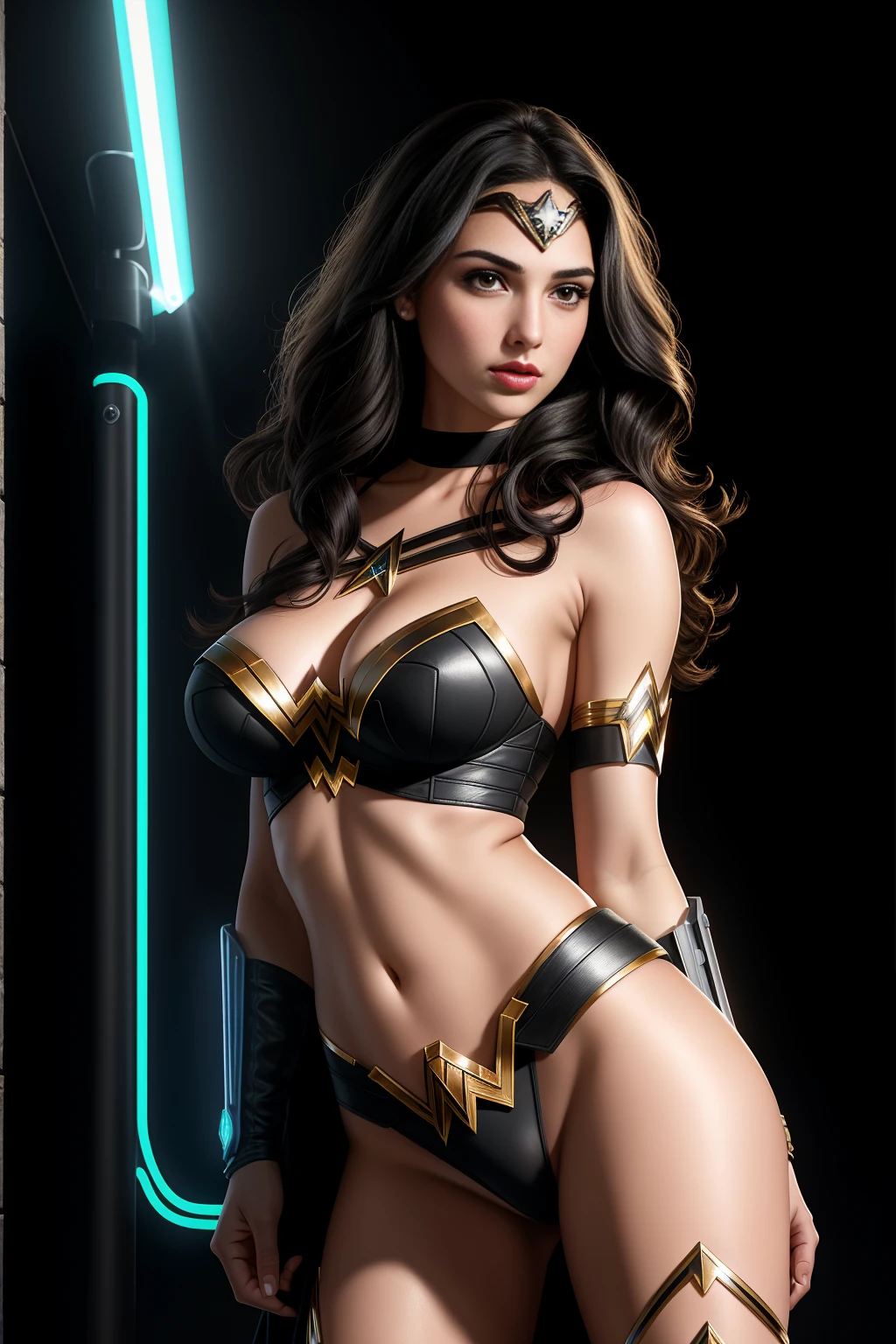 there  IS GAL GADOT AS WONDER WOMAN standing, long hair, 3 d neon art of a womans body, neon-noir background, cyberpunk femme fatale, seductive cyberpunk dark fantasy, cyberpunk strip clubs, cyberpunk 20 y. o model girl, oppai cyberpunk, banner, high definition cgsociety, cgsociety masterpiece, trending on cgstation, kda, random hair, looking at camera, gigantic breasts, cleavage, (high detailed skin:1.2), 8k uhd, dslr, super lighting, high quality, film grain, high res, highly detailed, hyper realistic, beautiful face, beautiful body, beautiful eyes nose lips, alluring expression, very bold, upper  visible, full body photo, standing legs apart, pale translucent glowing skin, most beautiful face, cute, (well defined pubic hair:1.2)), (dark plain black background:1.4))