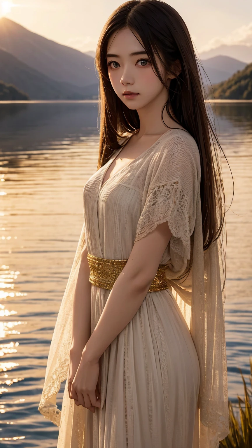 1 girl, serene expression, mesmerizing eyes, long straight hair, flowing dress, poised posture, porcelain skin, subtle blush, BREAK golden hour crystal pendant, (rim lighting): 1.2, warm tones, sun flare, shadows soft, vibrant colors, pictorial effect, dreamy atmosphere BREAK scenic lake, distant mountains, willow tree, calm water, reflection, sunlit clouds, tranquil ambience, idyllic sunset, ultra detailed, official art, unity 8k wallpaper, zentangle, mandala