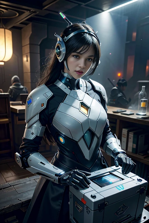 (best quality,4k,8k,highres,masterpiece:1.37), ultra-detailed, (realistic,photorealistic,photo-realistic:1.37), (aerial view), (top down perspective), 1woman, (the foreground is a woman pulling a video game cartridge out of a futuristic artifact box full of video game cartridges:1.6), (the woman is looking down:1.4), (Futuristic artifact box), (the artifact box is open), (The scene unfolds inside a mystical cavern:1.4), robot joints, mecha musume, (The woman is wearing a cyber suit made with glass details, covering her entire body:1.5), gatchaman, (She has a helmet glass visor:1.4), (dynamic angle:1.37), headgear, mechanical parts, (The woman's headgear is made of fractal mechanical parts:1.4), (fantasy and sci-fi mixed:1.37), holographic glitch effects floats around the woman, vibrant colors, (A blue glow emanates from inside the treasure chest), glowing lights, (abandoned machinery), (there are video game cartridges and consoles on the background), mystical creatures, (there are crystal formations spreading on the background), (futuristic technology), (ancient artifacts), mystical energy, vibrant retro aesthetic, atmospheric lighting, ancient ruins, mysterious symbols, lush vegetation, nostalgic atmosphere, epic adventure, delightful surprises