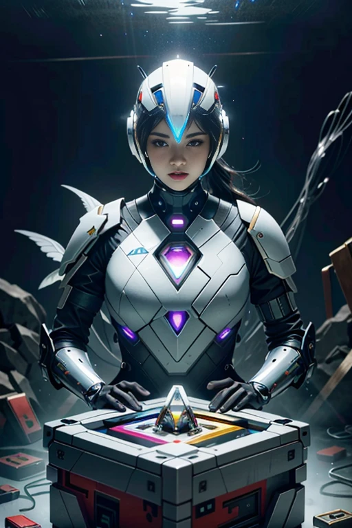 (best quality,4k,8k,highres,masterpiece:1.37), ultra-detailed, (realistic,photorealistic,photo-realistic:1.37), (aerial view), (top down perspective), 1woman, (a woman pulling a video game cartridge out of a futuristic artifact box full of retro video game cartridges:1.6), (the woman is looking down:1.4), (Futuristic artifact box), (the artifact box is open), (The scene unfolds inside a mystical cavern:1.4), robot joints, mecha musume, (The woman is wearing a cyber suit made with glass details, covering her entire body:1.5), (She has a glass helmet visor:1.4), (dynamic angle:1.37), headgear, mechanical parts, (The woman's headgear is made of fractal technological components:1.4), (fantasy and sci-fi mixed:1.37), holographic glitch effects floats around the woman, vibrant colors, (A blue glow emanates from inside the treasure chest), glowing lights, (abandoned machinery), (there are video game cartridges and consoles on the background), mystical creatures, (there are crystal formations spreading on the background), (futuristic technology), (ancient artifacts), mystical energy, vibrant retro aesthetic, atmospheric lighting, ancient ruins, mysterious symbols, lush vegetation, nostalgic atmosphere, epic adventure, delightful surprises