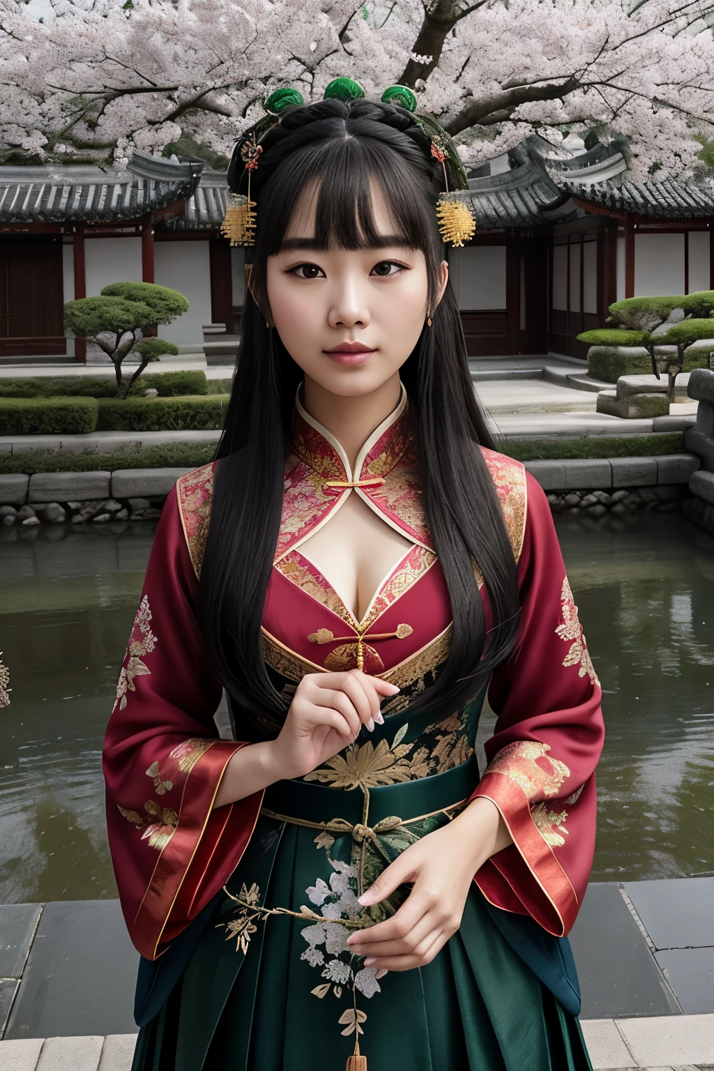 Ultra-detailed, cinematic image: A towering Chinese giantess, adorned with traditional Hanfu clothing and intricate Han dynasty-inspired accessories, stands with a expression of gentle amusement as she towers over a , curly-haired girl. The contrast between their sizes creates a striking juxtaposition. The short girl, no older than seven, wears a bright red Hanfu dress, her small hands reaching up to touch the giantess's long, flowing sleeves. The scene takes place in a tranquil Chinese garden, with lush foliage and delicate blossoms in the foreground. The image is captured in a RAW format, with