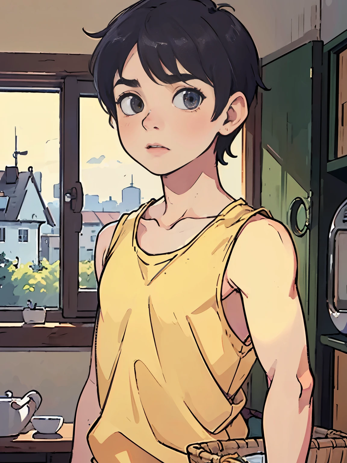 highres,Masterpiece, Best quality at best,Best Quality,hight quality, hight detailed, realistic, photorealistic, Anime style, 1boy, , indoor, Cheerful boy, basket uniform,Tank Tops, boy focus