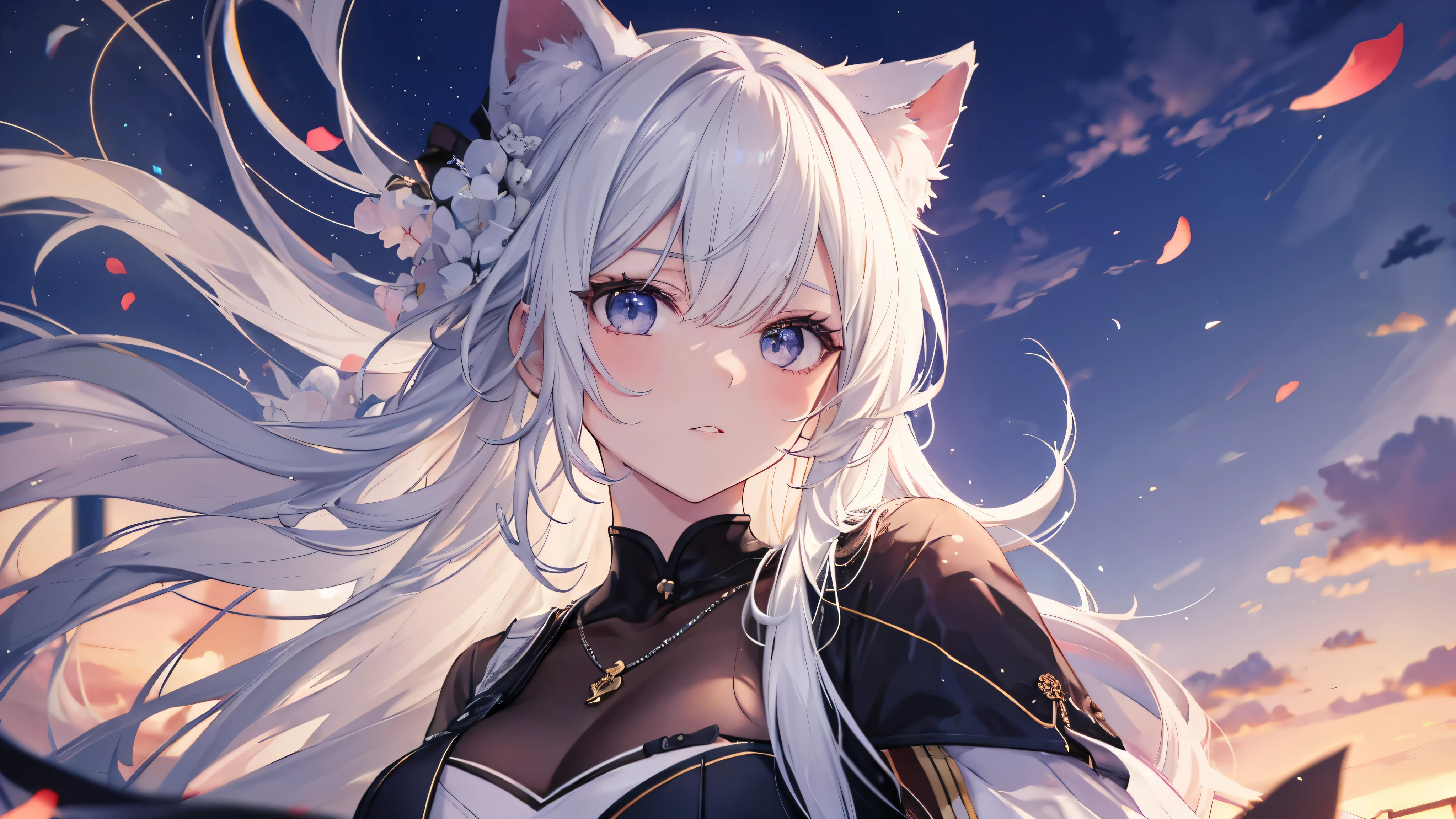 ((tmasterpiece:1.4,best qualtiy))+,(Hyper-detailing)+,(Ultra-detailed eyes)+,(White fox ears:1.5),
(cute1girl),15year old,(red eyes:1.15),with short dark brown hair,Long brown braids,Fluffy hair(wariza:1.2),paleskin,ssmile,A seductive smile
(She wears a conservative white casual attire,Gold pattern:1.5),(black glove:1.4),
Black earrings,Slim legs,shrines,Red deciduous leaves,Ink Phantom,gem jewelry
(Fluffy fox tail:1.1),
(Dawn light:1.2),White fox,
(Heavy black and white:1.16),(depth of fields:1.4),,Complicated details,