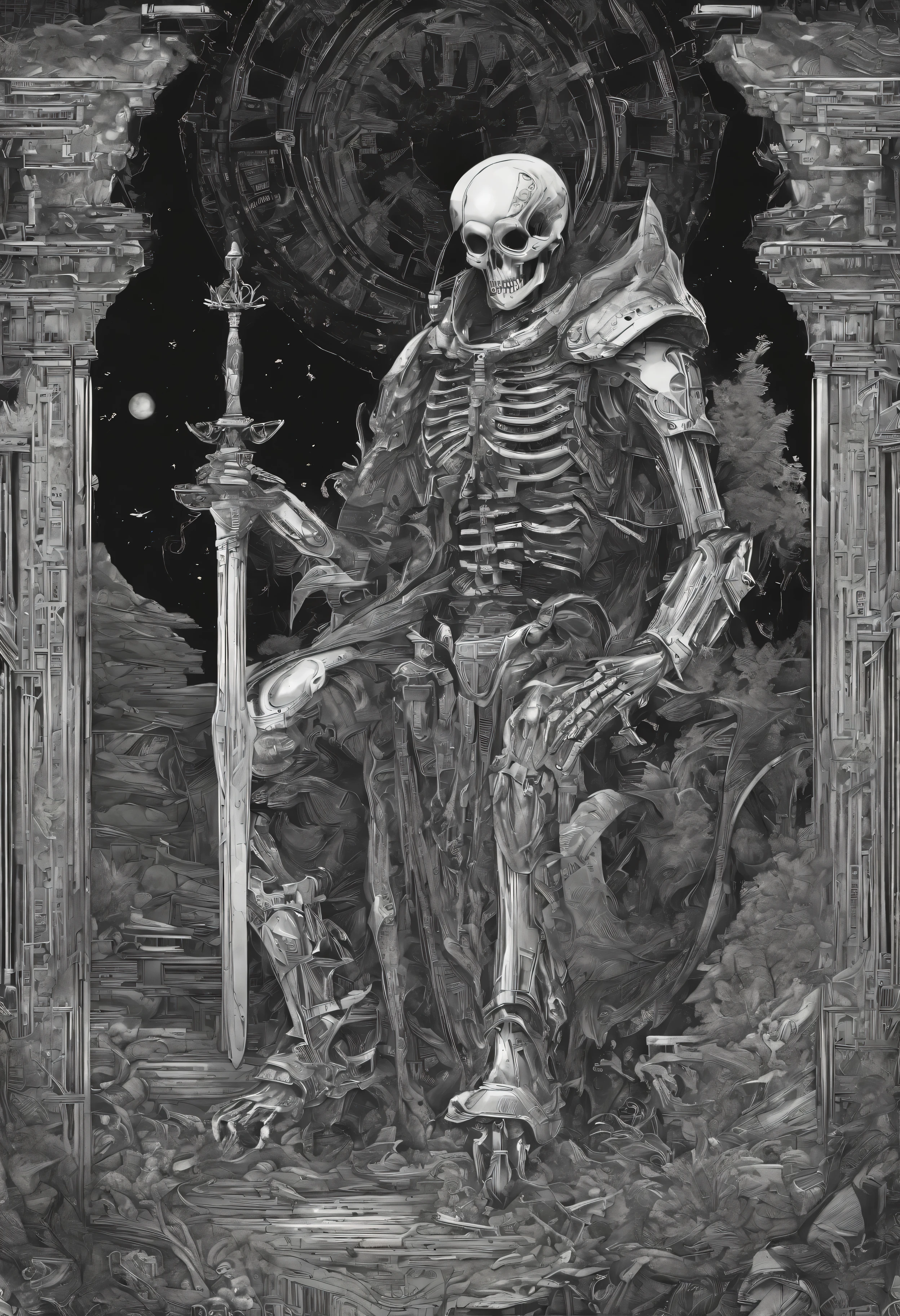 there is a skeleton time traveler that is sitting in a forest, movie still of a alien cyborg, endoskeleton, giger's biomechanical xenomorph, terminator skeleton, noriyoshi ohrai masterpiece, stan winston, by Noriyoshi Ohrai, stephen youll, cyber skeleton, portrait of a cyber skeleton, giger ’ s xenomorph hyper-realistic portrayal of a homeless draped in a striking black cloak, standing amidst a landscape of rugged terrain. Render every fold and texture of the fabric with meticulous detail, capturing the interplay of light and shadow as it cascades over the knight's form. The armor should gleam with a lustrous sheen, reflecting the surrounding environment with stunning clarity. Incorporate subtle imperfections and weathering to add depth and authenticity to the scene, immersing the viewer in a world where every scratch and scuff tells a story of battles fought and victories won. This hyper-realistic depiction should transport viewers to a realm where the line between fantasy and reality blurs, leaving them in awe of the knight's time traveler strength