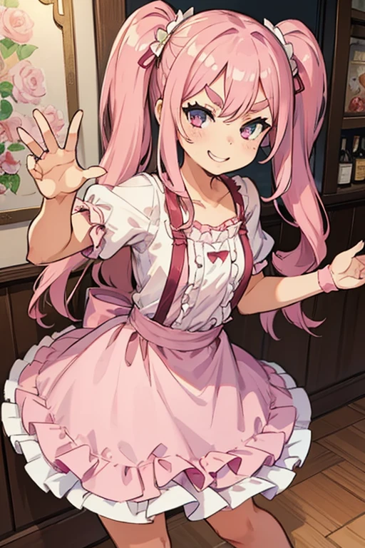 Girl with pink hair, long double-tailed hairstyle, ((small pink bushy eyebrows)), wearing lolita clothing, , lolicon (Zankuro) drawing style by zankuro artist, Zancro style, image uploaded to R34, flirty smile, take a selfie, close-up, showing one breast outside the shirt, face very close to the camera, moan and drool) happy face wavy smile , showing pubis, in restaurant