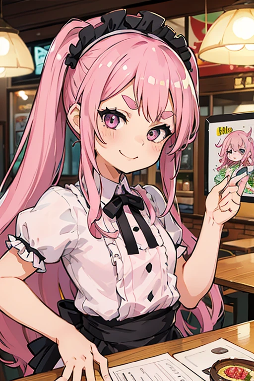 Girl with pink hair, long double-tailed hairstyle, ((small pink bushy eyebrows)), wearing ta clothing, , loli(Zankuro) drawing style by zankuro artist, Zancro style, image uploaded to R34, flirty smile, take a selfie, close-up, showing one breast outside the shirt, face very close to the camera, moan and drool) happy face wavy smile , showing pubis, in restaurant