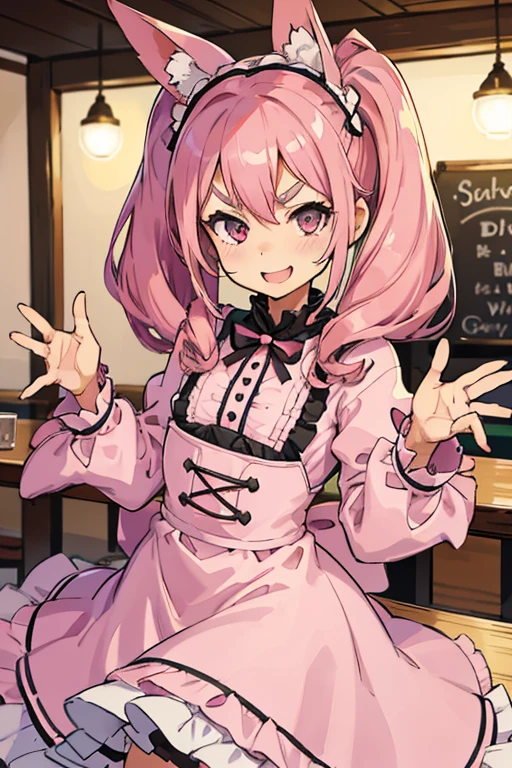Girl with pink hair, long double-tailed hairstyle, ((small pink bushy eyebrows)), wearing lolita clothing, , lolicon (Zankuro) drawing style by zankuro artist, Zancro style, image uploaded to R34, flirty smile, take a selfie, close-up, showing one breast outside the shirt, face very close to the camera, moan and drool) happy face wavy smile , showing pubis, in restaurant