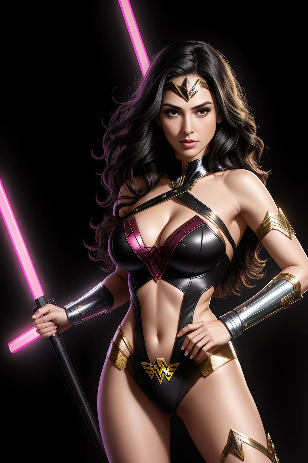 there  IS GAL GADOT AS WONDER WOMAN standing, long hair, 3 d neon art of a womans body, neon-noir background, cyberpunk femme fatale, seductive cyberpunk dark fantasy, cyberpunk strip clubs, cyberpunk 20 y. o model girl, oppai cyberpunk, banner, high definition cgsociety, cgsociety masterpiece, trending on cgstation, kda, random hair, looking at camera, gigantic breasts, cleavage, (high detailed skin:1.2), 8k uhd, dslr, super lighting, high quality, film grain, high res, highly detailed, hyper realistic, beautiful face, beautiful body, beautiful eyes nose lips, alluring expression, very bold, upper  visible, full body photo, standing legs apart, pale translucent glowing skin, most beautiful face, cute, (well defined pubic hair:1.2)), (dark plain black background:1.4))