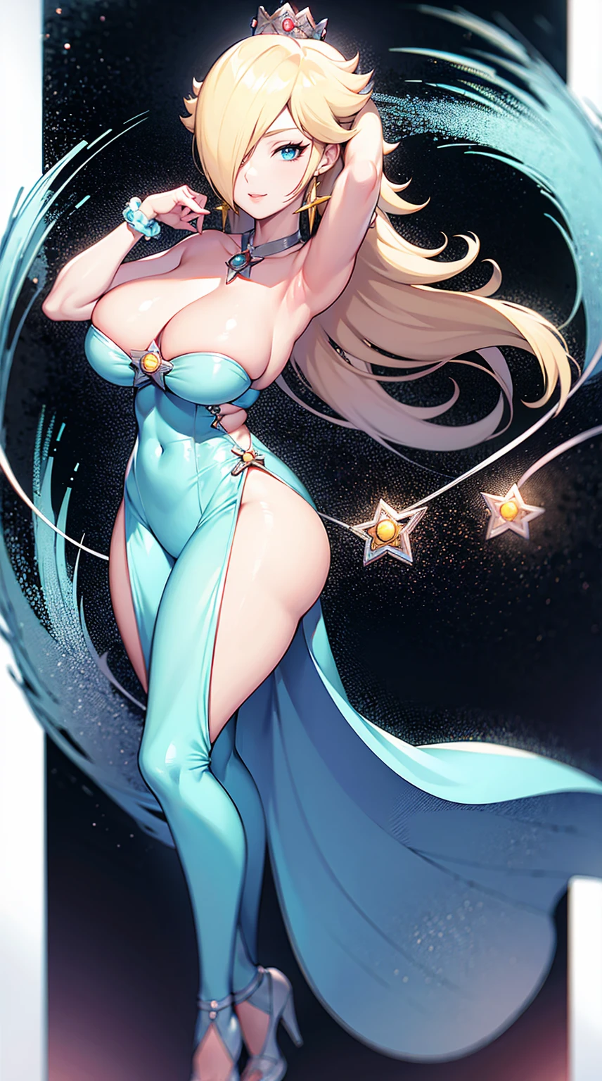 25-year-old Caucasian woman、ash blonde、blue eyess、Semi-long、setting hair、I'm tying my hair、My hair is wavy、Slender but thin macho、accessories on the wrist、wearing a chain necklace、Beautiful breasts、a smile、I need space above my head、Wearing a high-leg retard、Wearing heels、