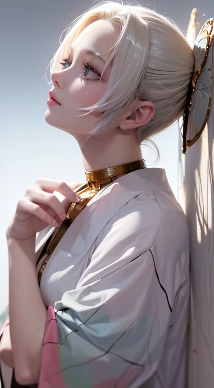 best quality, masterpiece,white hair, gold eyes,white clothes, looking up, upper body,hair strand,Fair skin,side braids