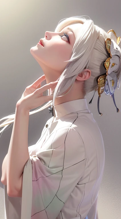 best quality, masterpiece,white hair, gold eyes,white clothes, looking up, upper body,hair strand,Fair skin,side braids