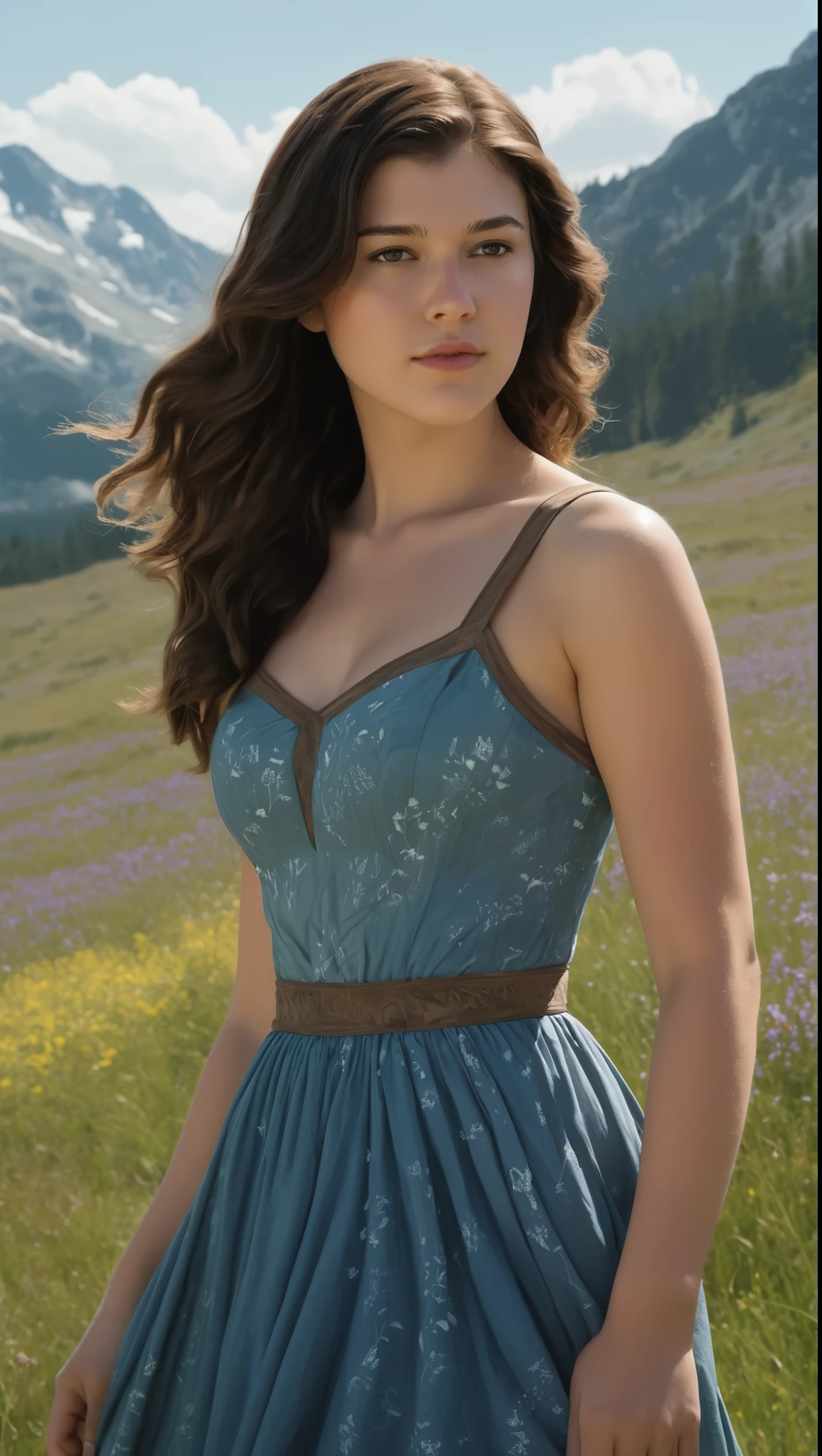 An illustrated movie poster, hand-drawn, full color, a Westerosi teen girl, wearing a long regal dress, resembles Mary Elizabeth Winstead, sun-tanned complexion, tall, athletic, Amazonian figure, curvy, toned midriff, bottom-heavy, generous hips, massive bubble-butt, ridiculously thick powerful thighs, dark hair, long hair, waist-length hair, posing in a meadow of wildflowers, hard shadows, graphite shading, stencil marks, airbrushed acrylic paint, masterpiece, in the style of Skyrim