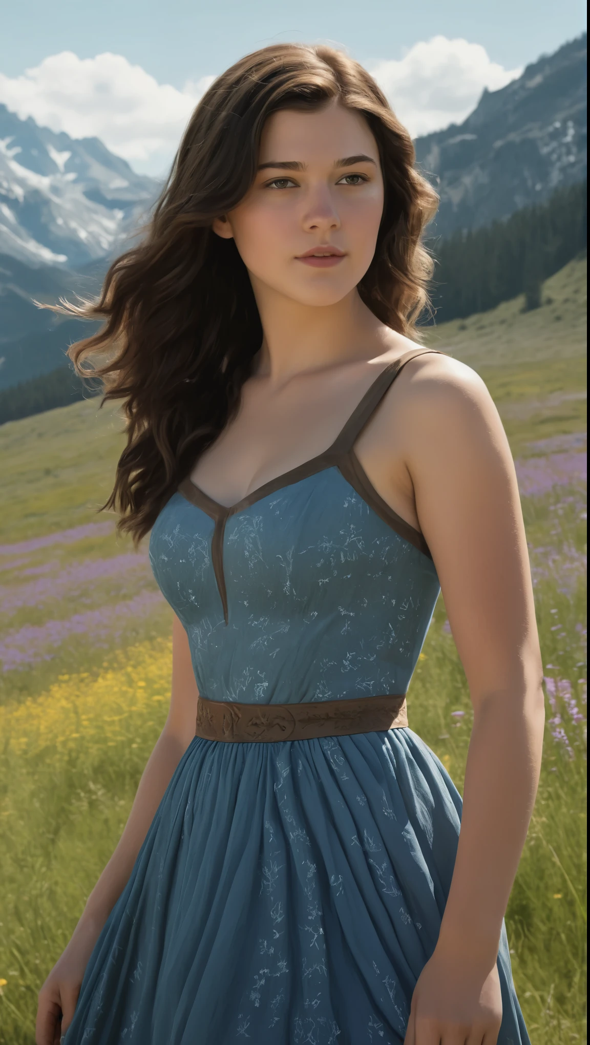 An illustrated movie poster, hand-drawn, full color, a Westerosi teen girl, wearing a long regal dress, resembles Mary Elizabeth Winstead, sun-tanned complexion, tall, athletic, Amazonian figure, curvy, toned midriff, bottom-heavy, generous hips, massive bubble-butt, ridiculously thick powerful thighs, dark hair, long hair, waist-length hair, posing in a meadow of wildflowers, hard shadows, graphite shading, stencil marks, airbrushed acrylic paint, masterpiece, in the style of Skyrim