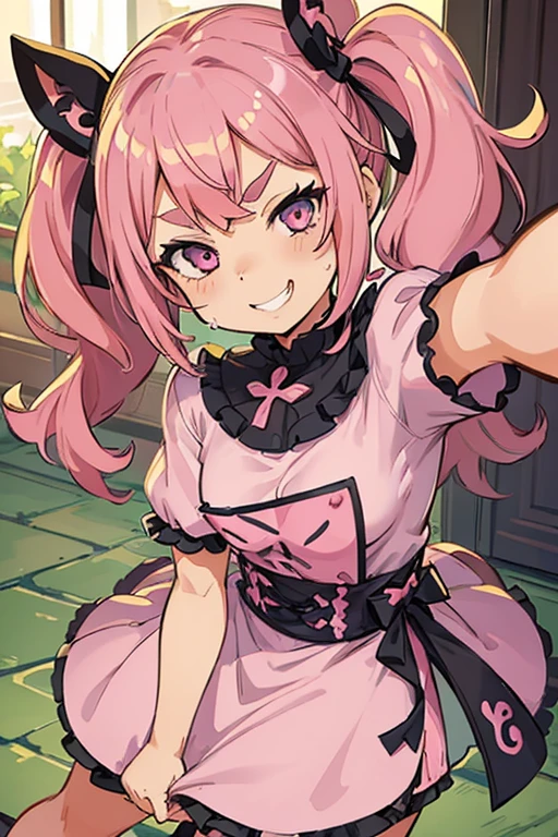 Girl with pink hair, long double-tailed hairstyle, ((small pink bushy eyebrows)), wearing lolita clothing, shorts, marked vagina, lolicon (Zankuro) drawing style by zankuro artist, Zancro style, image uploaded to R34, flirty smile, take a selfie, close-up, ((showing a breast outside the shirt)), (squeezing a breast with her hand) face very close to the camera, moan and drool) happy face cheeky smile