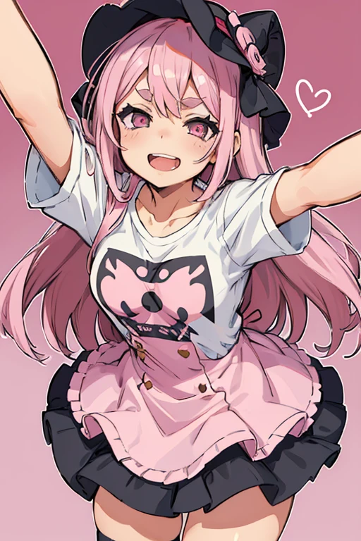 Girl with pink hair, long double-tailed hairstyle, ((small pink bushy eyebrows)), wearing ta clothing, shorts, marked vagina, loli(Zankuro) drawing style by zankuro artist, Zancro style, image uploaded to R34, flirty smile, take a selfie, close-up, ((showing a breast outside the shirt)), (squeezing a breast with her hand) face very close to the camera, moan and drool) happy face cheeky smile