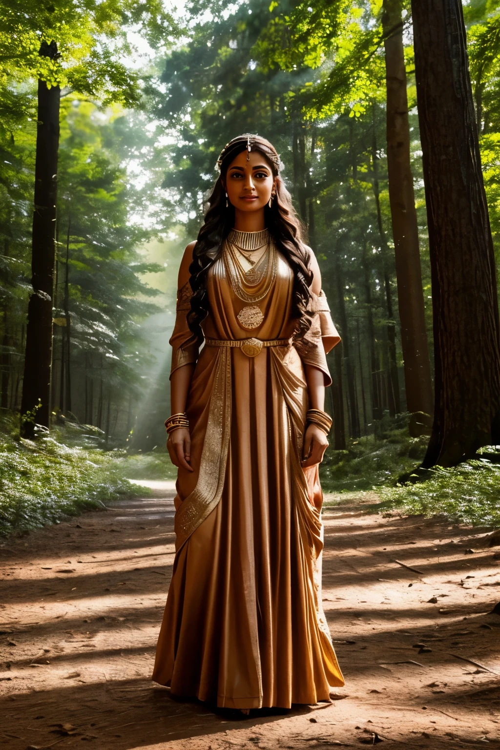 Indian goddess with tall stature, radiant and majestic, compared to a short girl standing beside her. The goddess's dark curly hair cascaded down her shoulders, framing her beautiful, rounded face. Her traditional attire, adorned with intricate golden jewelry and vibrant colors, accentuated her divine beauty. The short girl, with wide-set eyes and a beaming smile, looked up at the goddess in awe. Her loose, chestnut-brown hair fell in waves around her shoulders, and she wore a simple cotton dress in contrast to the grandeur of the goddess. The sunlight filtering through the trees illuminated their figures, casting gentle shadows on the forest floor