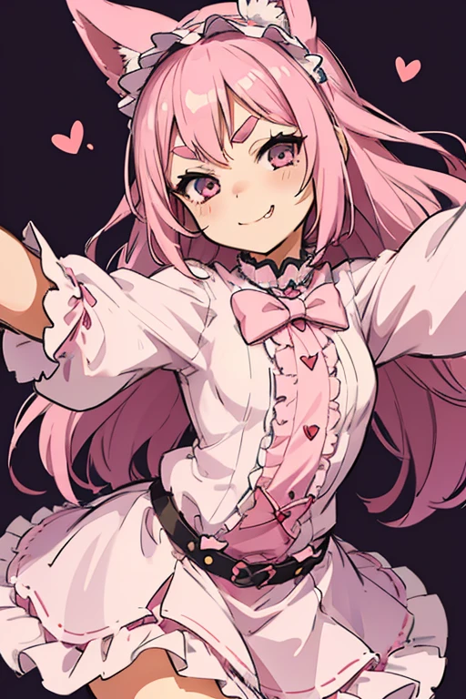 Girl with pink hair, long double-tailed hairstyle, ((small pink bushy eyebrows)), wearing lolita clothing, , lolicon (Zankuro) drawing style by zankuro artist, Zancro style, image uploaded to R34, flirty smile, take a selfie, close-up, showing one breast outside the shirt, face very close to the camera, moan and drool) happy face wavy smile , showing pubis