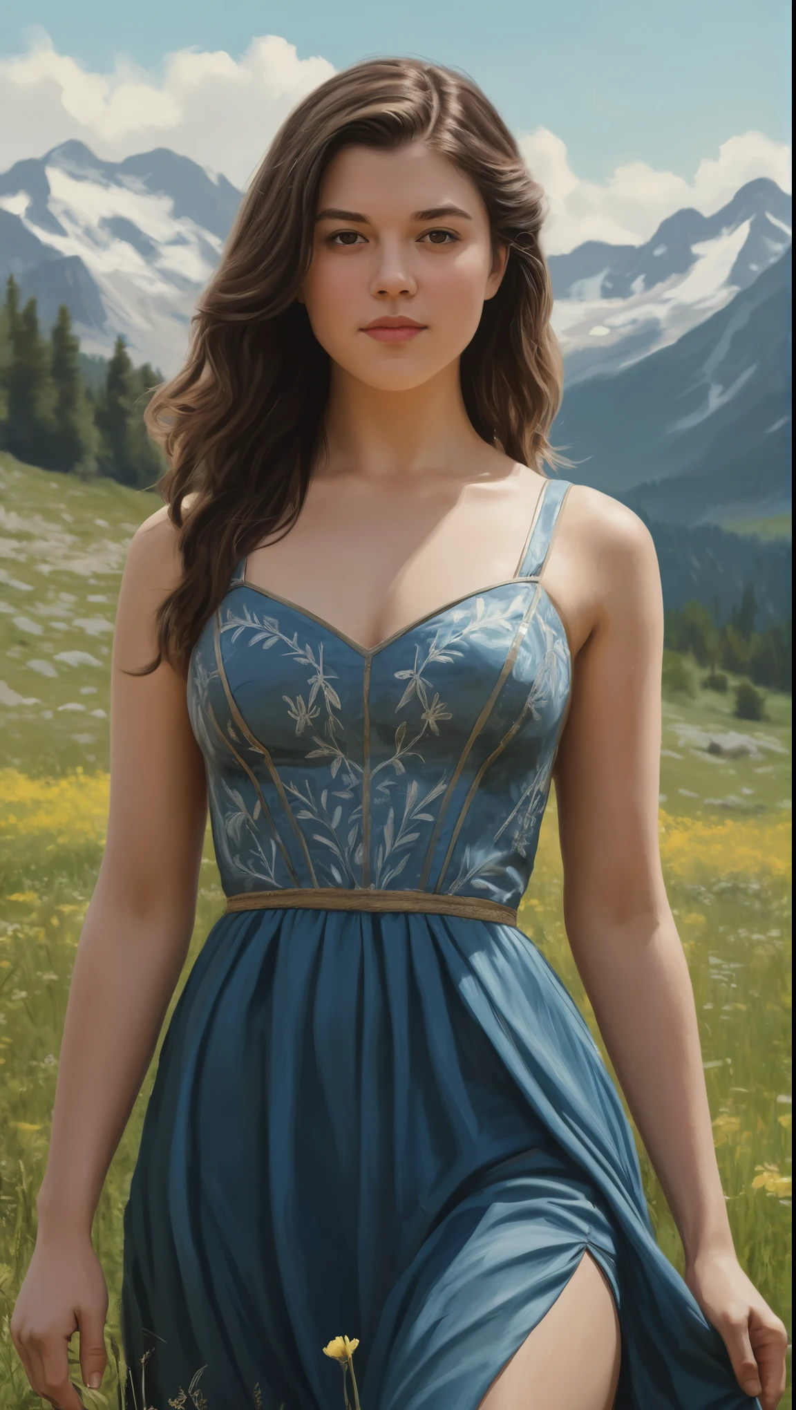 An illustrated movie poster, hand-drawn, full color, a Westerosi teen girl, wearing a long regal dress, resembles Mary Elizabeth Winstead, sun-tanned complexion, tall, athletic, Amazonian figure, curvy, toned midriff, bottom-heavy, generous hips, massive bubble-butt, ridiculously thick powerful thighs, dark hair, long hair, waist-length hair, posing in a meadow of wildflowers, hard shadows, graphite shading, stencil marks, airbrushed acrylic paint, masterpiece, in the style of Skyrim