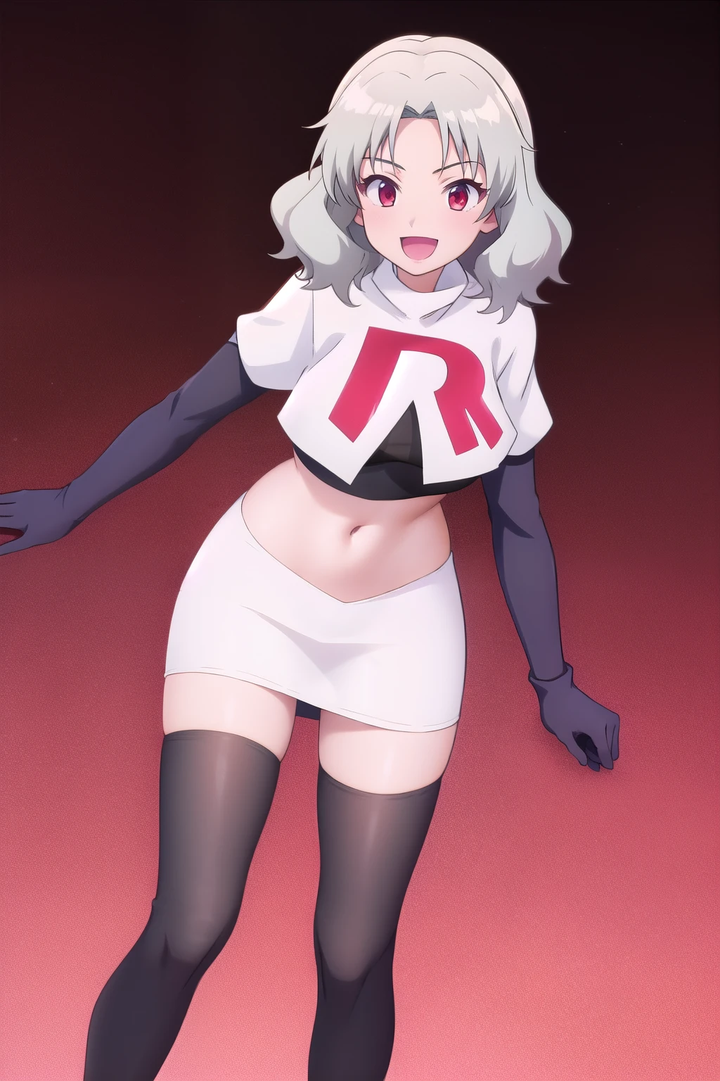 Tina_Holly, smile, (acclaimed, alluring, captivating, exciting, gorgeous), (trending on CGSociety, trending on pixiv, contest winner:1.3), team rocket,team rocket uniform,white skirt,red letter R,crop top,black thigh-highs,black elbow gloves