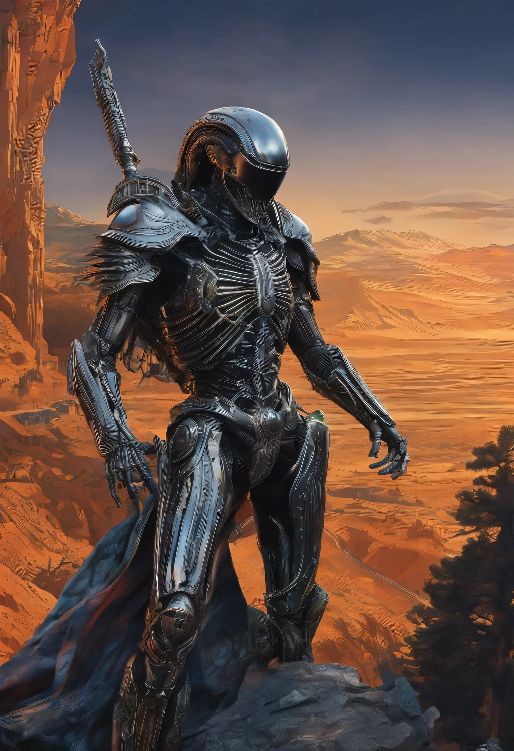 there is a skeleton time traveler that is sitting in a forest, movie still of a alien cyborg, endoskeleton, giger's biomechanical xenomorph, terminator skeleton, noriyoshi ohrai masterpiece, stan winston, by Noriyoshi Ohrai, stephen youll, cyber skeleton, portrait of a cyber skeleton, giger ’ s xenomorph hyper-realistic portrayal of a homeless draped in a striking black cloak, standing amidst a landscape of rugged terrain. Render every fold and texture of the fabric with meticulous detail, capturing the interplay of light and shadow as it cascades over the knight's form. The armor should gleam with a lustrous sheen, reflecting the surrounding environment with stunning clarity. Incorporate subtle imperfections and weathering to add depth and authenticity to the scene, immersing the viewer in a world where every scratch and scuff tells a story of battles fought and victories won. This hyper-realistic depiction should transport viewers to a realm where the line between fantasy and reality blurs, leaving them in awe of the knight's time traveler strength