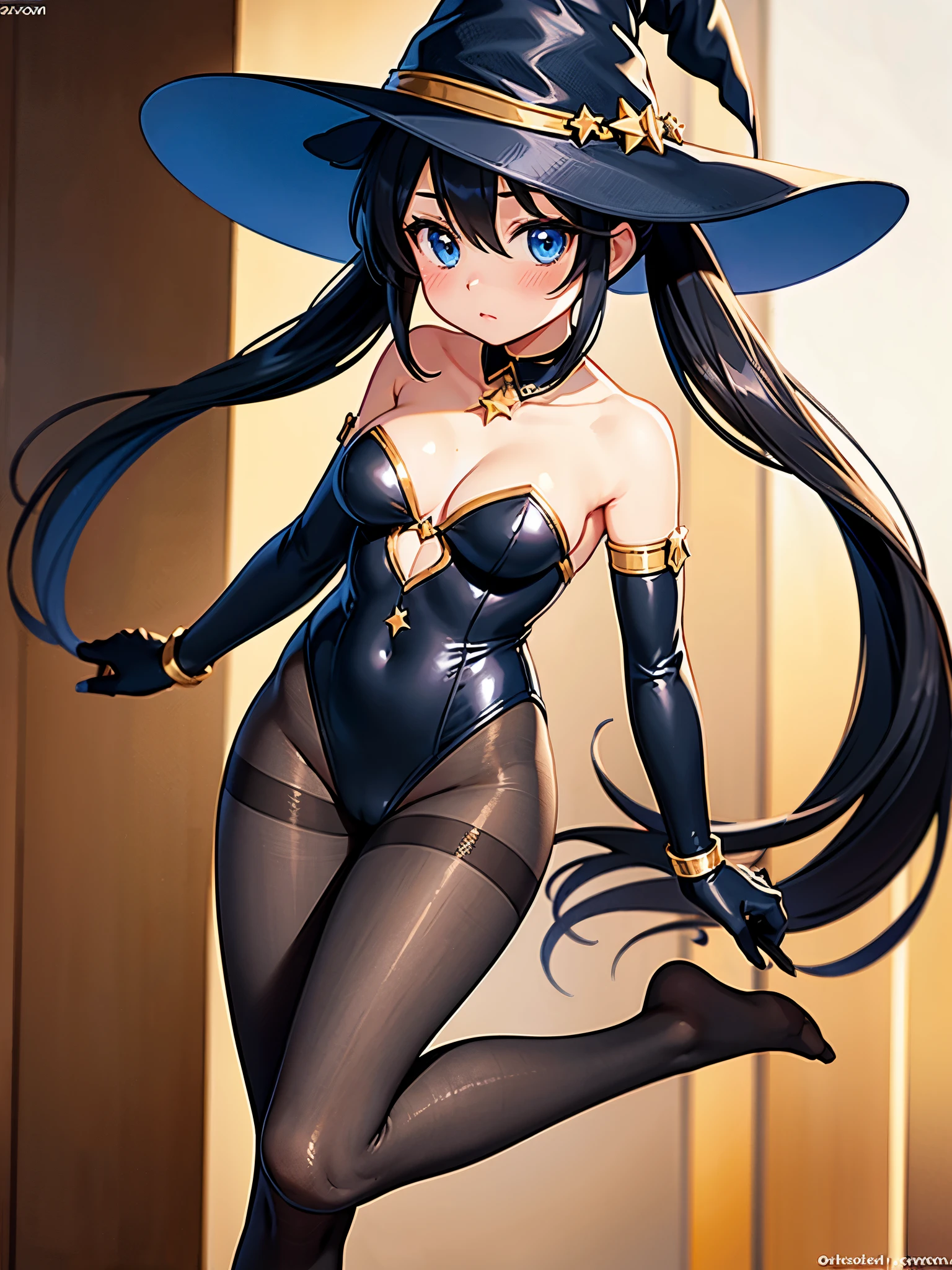 1girl,artist name,bare shoulders,black hair,black pantyhose,blue eyes,blush,breasts,cleavage,collarbone,detached sleeves,gloves,gold trim,hair between eyes,hat,highleg,highleg leotard,leotard,long hair,long sleeves,looking up,medium breasts,no shoes,pantyhose,solo,star (symbol),strapless,strapless leotard,thighlet,thighs,twintails,unworn hat,unworn headwear,very long hair,watermark,witch hat
