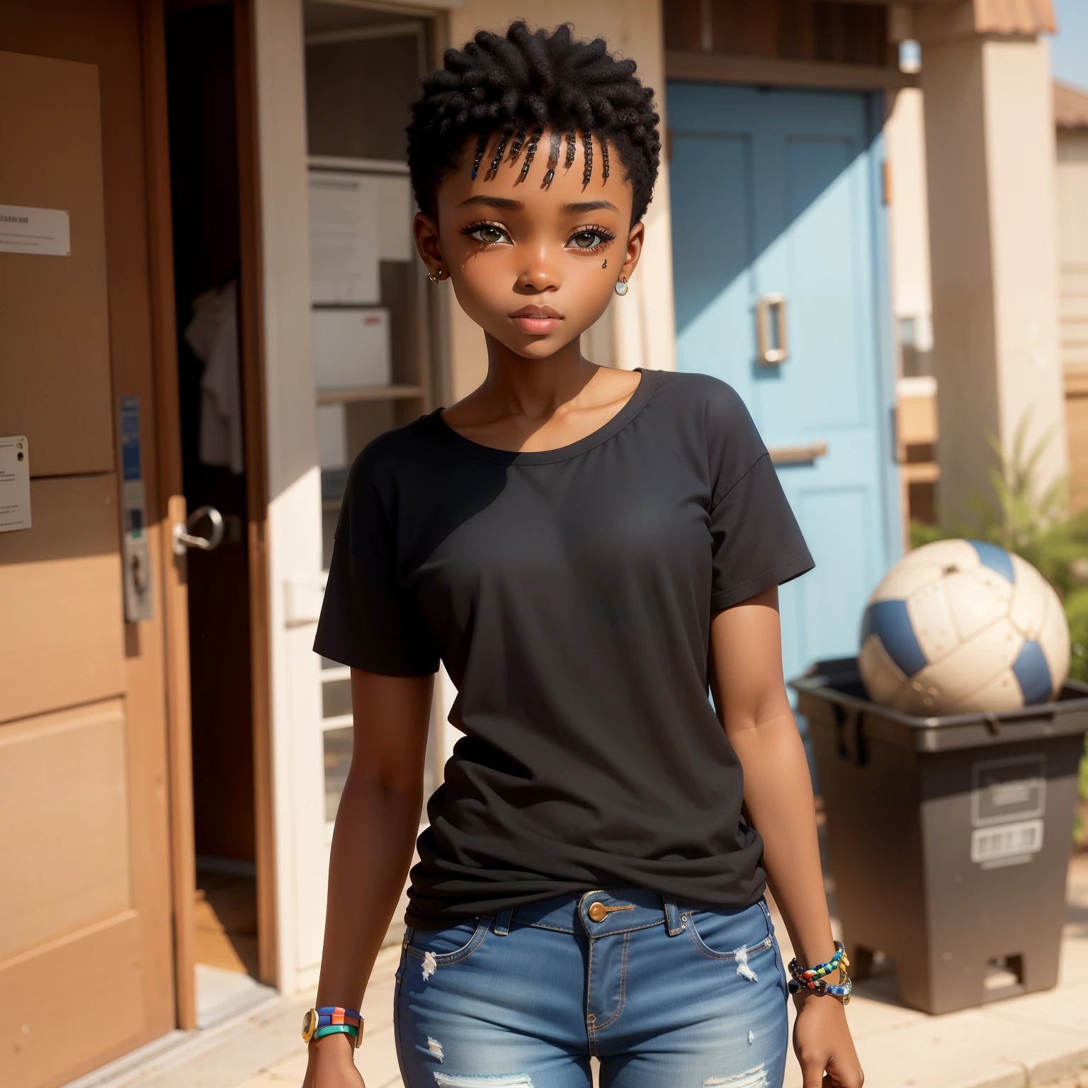 A beautiful African girl with a pretty face, around , is depicted in the picture. She has a stylish black fade haircut and is wearing a black t-shirt paired with short blue jeans skirts. Her confidence shines through, although there is a hint of shyness in her expression. The image captures her captivating charm and natural grace.