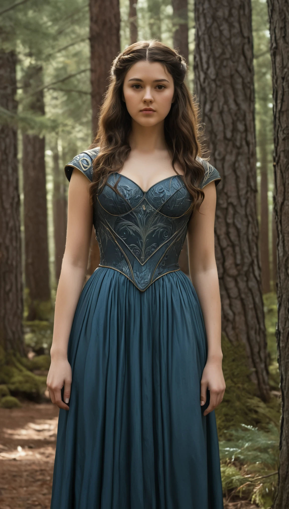An illustrated movie poster, hand-drawn, full color, a Westerosi girl, wearing a long regal dress, resembles Mary Elizabeth Winstead, sun-tanned complexion, tall, athletic, Amazonian figure, curvy, toned midriff, bottom-heavy, generous hips, massive bubble-butt, ridiculously thick powerful thighs, dark hair, long hair, waist-length hair, posing in a pine forest, hard shadows, graphite shading, stencil marks, airbrushed acrylic paint, masterpiece, in the style of Game of Thrones