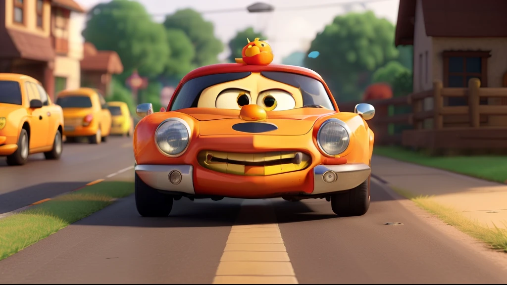 Describe a scene from "Irritating Orange"., cartoon character with the appearance of an orange hedgehog and a mischievous grin, I'm standing on the side of the road, wearing his signature red and white striped shirt.. He is holding a fake banana with a grumpy face., looking at a red car passing by, his driver honks his horn angrily. Annoying Orange's eyes sparkle with amusement.., his signature laugh echoes through the still air. Car headlights illuminate the scene, casts long shadows on the sidewalk. Raindrops bounce off Annoying Orange's round body., adding a playful atmosphere. Annoying buzzing sound