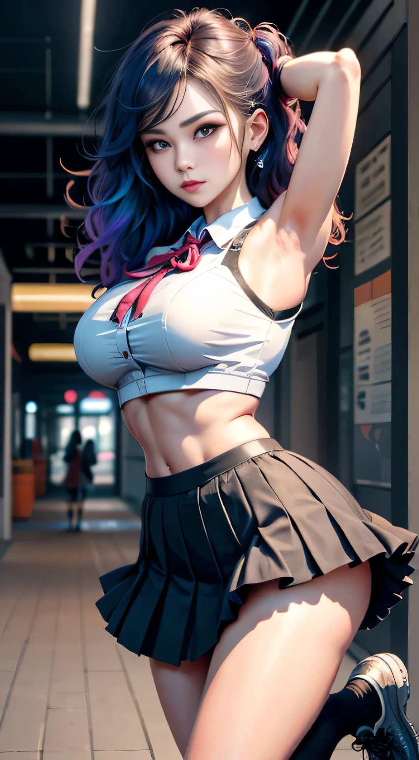 sfw, ((school girl outfit)), ((in school)), ((looking at the camera in:1.2)),(nearing perfection:1.4),dynamic,smooth private parts,Focus sharp,Lighting,Vibrant brushstrokes, bold colour,Be expressive, Emotional, offcial art,Unity8k wallpaper,ultra - detailed,Beautiful and beautiful,tmasterpiece,Best quality at best,1 girl,beautiful eyes，The content is very detailed,dynamic,(Ruffled skirt)，(medium:1.3),Chaos in its most beautiful form,Elegant,designs,Vibrant colors,(Corner store，fleeing，the night，shoe)，8k，, wearing bra,((skinny waist)), young asian girl, ((big breasted)),