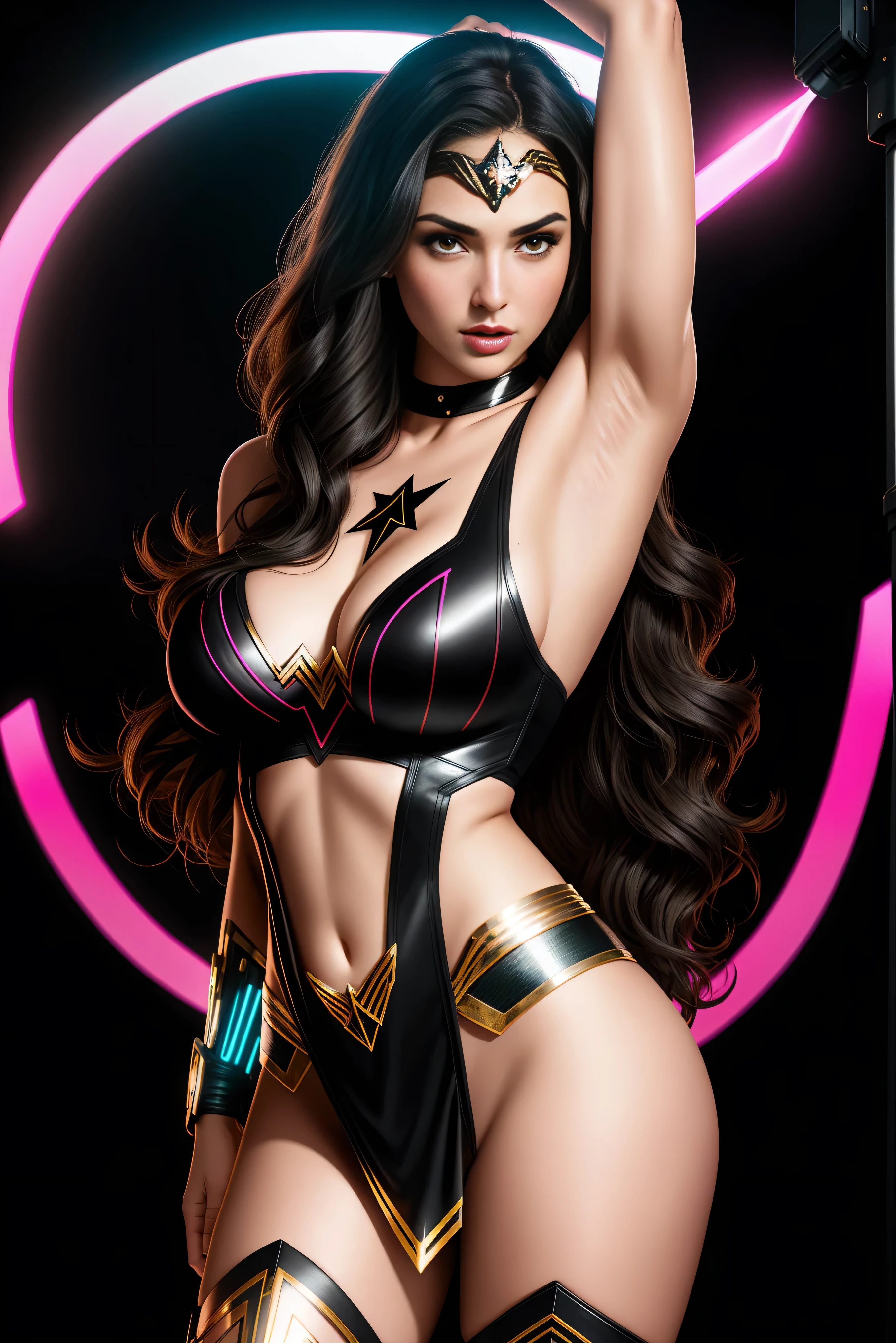 there IS GAL GADOT AS WONDER WOMAN standing, long hair, 3 d neon art of a womans body, neon-noir background, cyberpunk femme fatale, seductive cyberpunk dark fantasy, cyberpunk strip clubs, cyberpunk 20 y. o model girl, oppai cyberpunk, banner, high definition cgsociety, cgsociety masterpiece, trending on cgstation, kda, random hair, looking at camera, gigantic breasts, cleavage, (high detailed skin:1.2), 8k uhd, dslr, super lighting, high quality, film grain, high res, highly detailed, hyper realistic, beautiful face, beautiful body, beautiful eyes nose lips, alluring expression, very bold, upper visible, full body photo, standing legs apart, pale translucent glowing skin, most beautiful face, cute, (well defined pubic hair:1.2)), (dark plain black background:1.4))