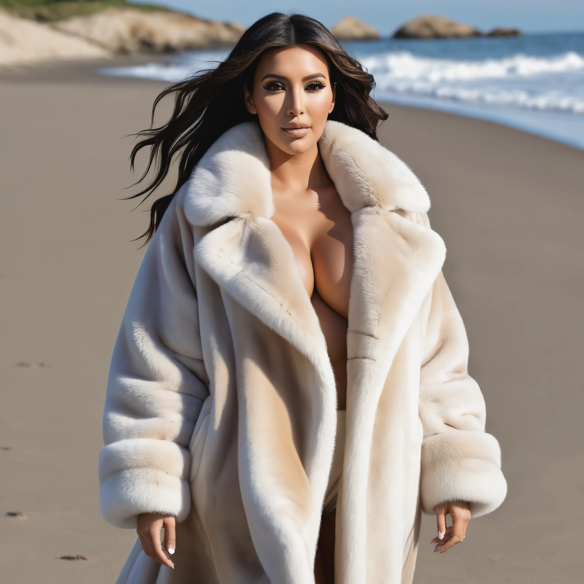 A very wide and very thick, very long sand mink fur coat, fifty centimeters thick, duveteux, naturel, with an ultra thick white and sand mink fur collar, three layers, sur Kim Kardashian, fully nude front view, bare shoulders, and two large breast discovered by the fur, at sunny Pebble Beach golf , en haute résolution de la plus high quality、,Photo 8K HDR), Realistic texture, realistic shadows, (dynamic subdued lighting), (centered within the framework), (Very detailed:1.2), Fond d'8k screen, high quality, grain de film, Fujifilm XT3, (Very detailed skin), ((gaping and :1.3)), dark bun, messy hair, ,