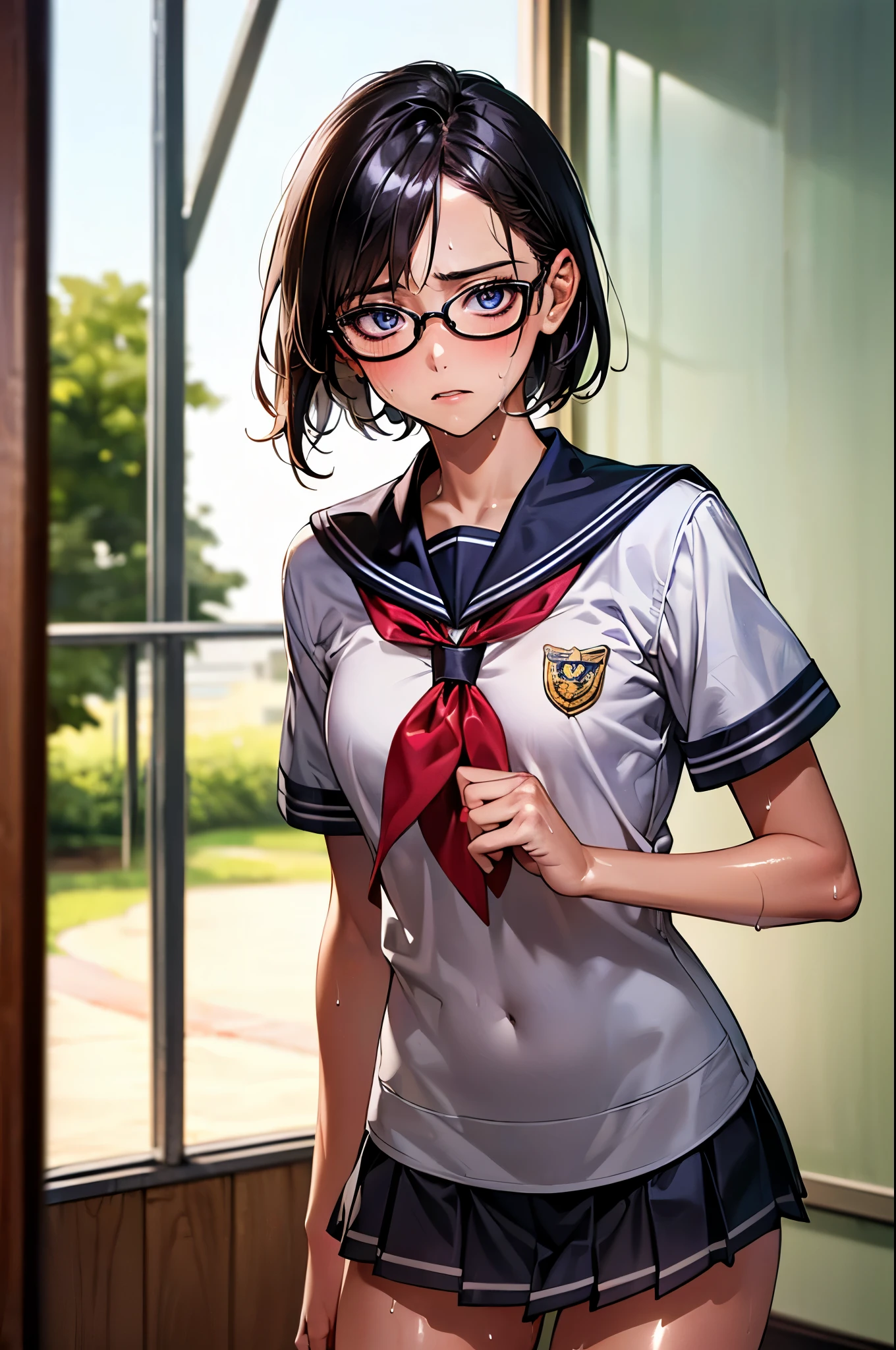 ((perfect anatomy:1.3,realistic:1.3,RAW Photography:1.3,masterpiece、highest quality、Ultra - High resolution、High resolution、Highly detailed CG、8K)),cowboy shot,1 female,solo,18 year old beauty, Japanese、((beautiful detailed face and eyes:1.2,big gorgeous eyes:1.2)),black rim glasses、black hair,short bob hair,(center parted hair:1.4,forehead),medium breasts,slender body,small head:1.3,skinny,(oily skin,gleaming skin,shiny skin,sweat:1.5),(Student uniform、sailor suit、short sleeve、Black sailor collar、Red neckerchief,pleated mini skirt、white panties、love juice、bare legs),M type spread legs:1.7、classroomの床、classroom、