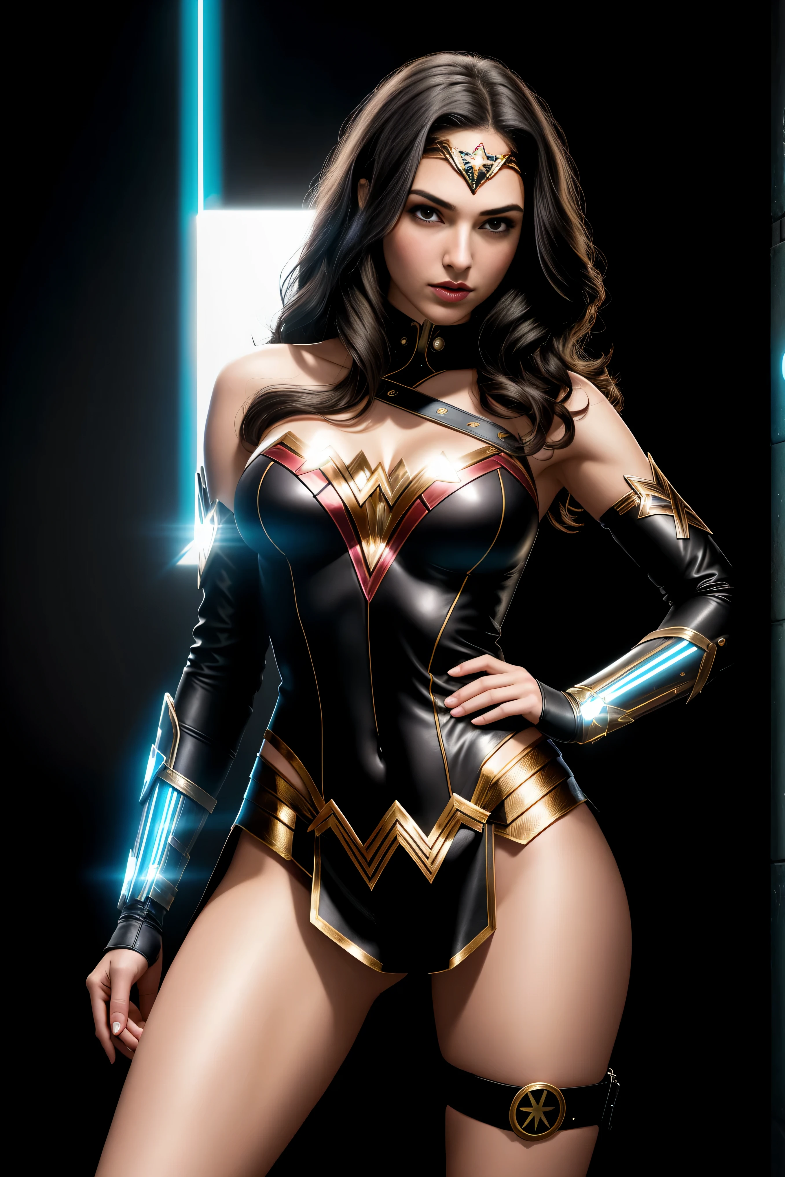 there IS GAL GADOT AS WONDER WOMAN standing, long hair, 3 d neon art of a womans body, neon-noir background, cyberpunk femme fatale, seductive cyberpunk dark fantasy, cyberpunk strip clubs, cyberpunk 20 y. o model girl, oppai cyberpunk, banner, high definition cgsociety, cgsociety masterpiece, trending on cgstation, kda, random hair, looking at camera, gigantic breasts, cleavage, (high detailed skin:1.2), 8k uhd, dslr, super lighting, high quality, film grain, high res, highly detailed, hyper realistic, beautiful face, beautiful body, beautiful eyes nose lips, alluring expression, very bold, upper visible, full body photo, standing legs apart, pale translucent glowing skin, most beautiful face, cute, (well defined pubic hair:1.2)), (dark plain black background:1.4))