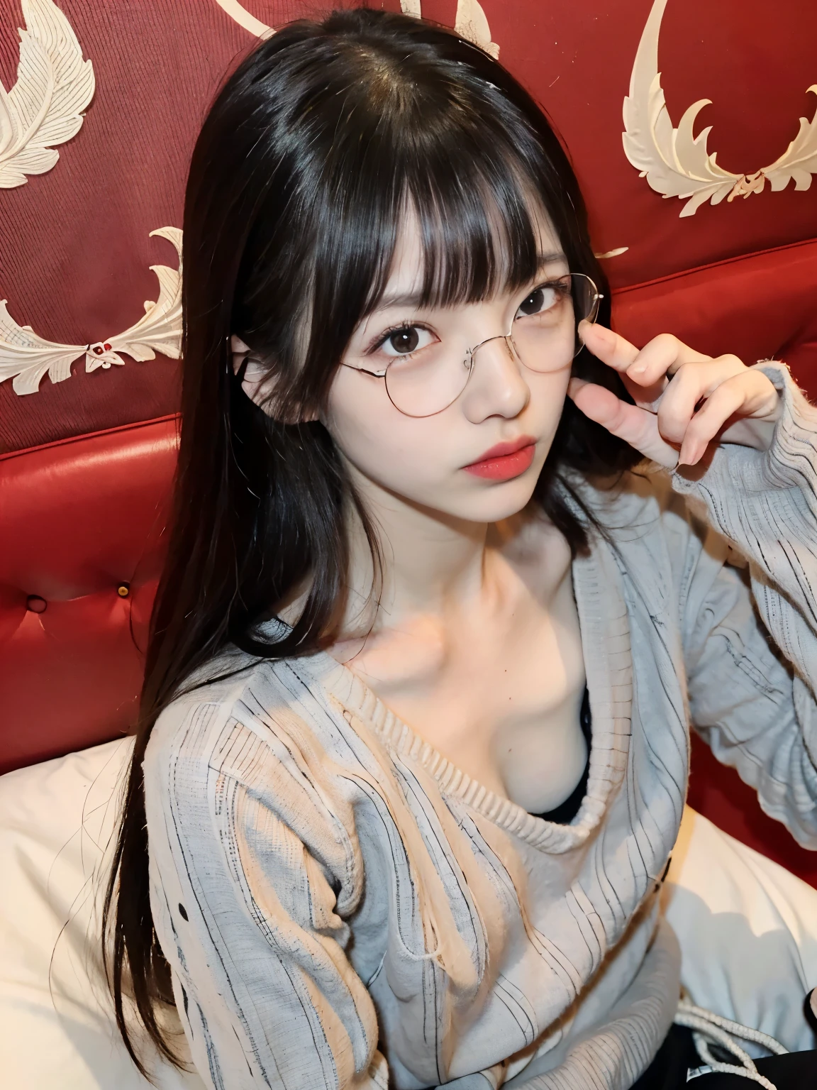 raw photo, 8k, (top-quality), Realistic, (real picture, Intricate details), (natural skin texture, detailed skin, hyper realism, sharpness), (Japanese age glasses girl sitting on bed in a red hotel at night), ((gray hand-knitted long sweater, v-neck sweater, no bra)), (((flat chast:1.5, munechira))), (slender body, pale skin:1.2), ((straight hair, blunt bangs)), (glasses provocative look, Parted lips:1.3, eye bag:1.3, red thick lips, under eye circle), night time, red wallpaper, hard lighting:1.3, upper angle 