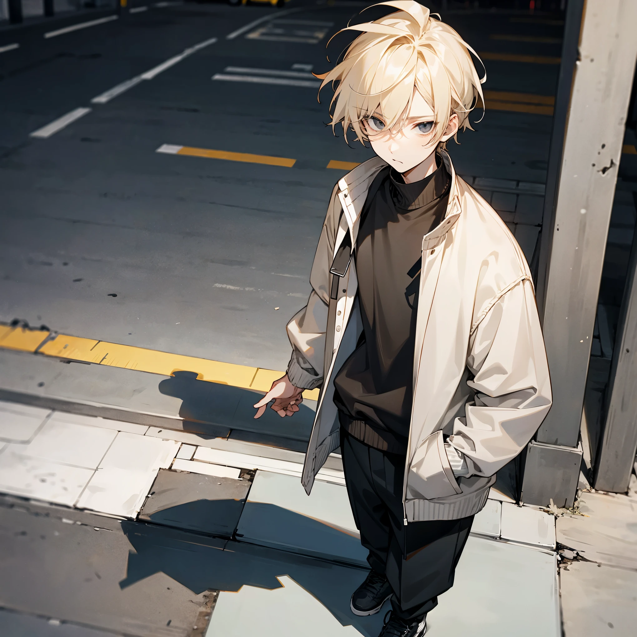 1male , Pale Blonde Hair , Black Eyes , Calm Expression , Male , Baggy Varsity Jacket , Standing on sidewalk , Facing Viewer 