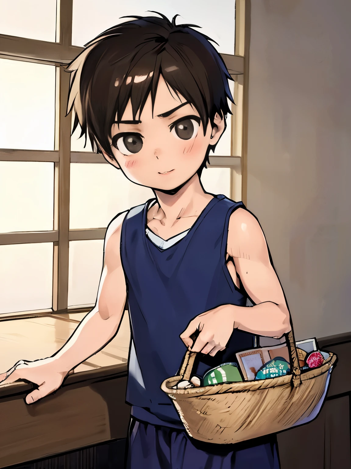 highres,Masterpiece， Best quality at best,Best Quality,hight quality, hight detailed, realistic, photorealistic, Anime style, 1boy, Little Boy, indoor, Cheerful boy, basket uniform,Tank Tops, boy focus