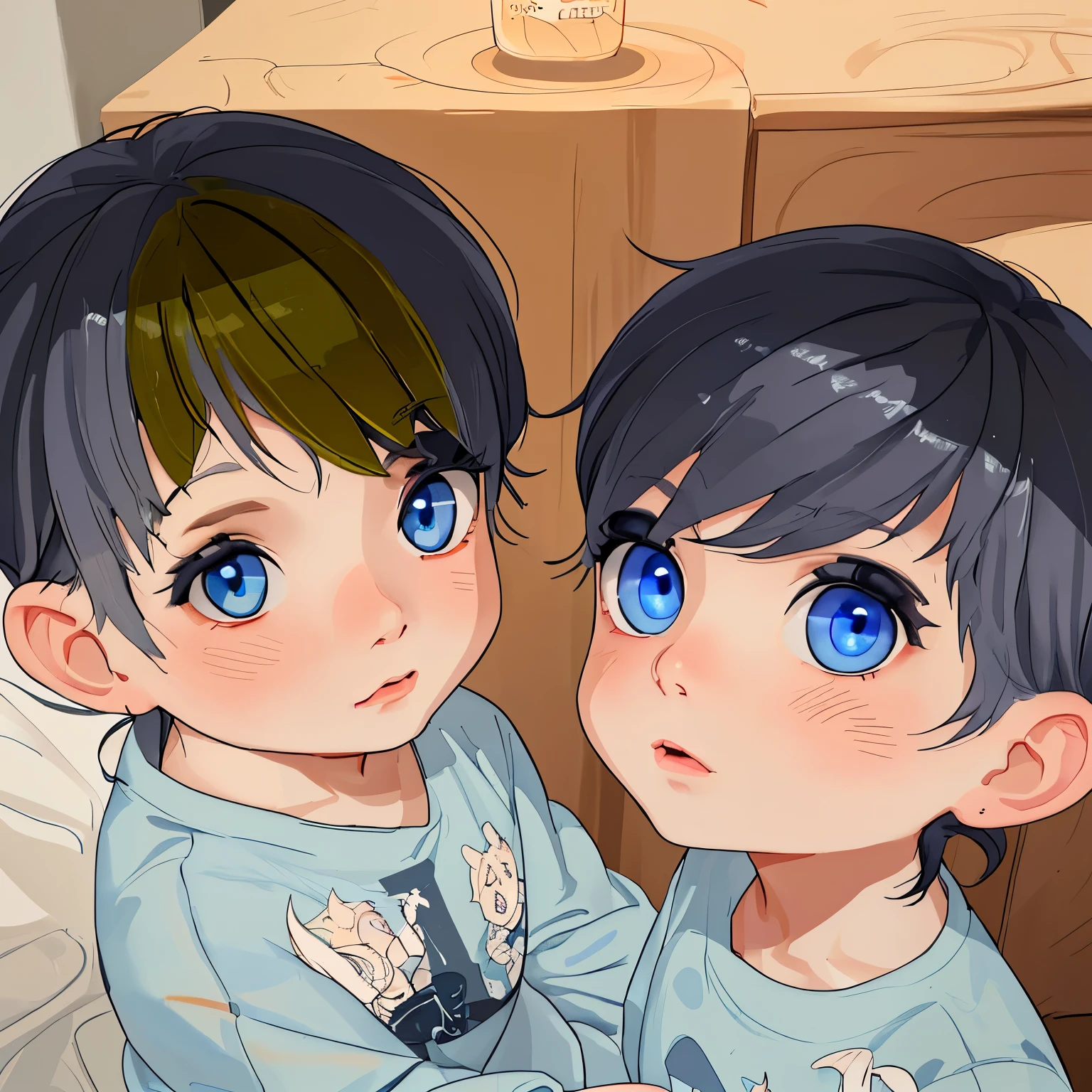 two little twins with gray hair and blue eyes