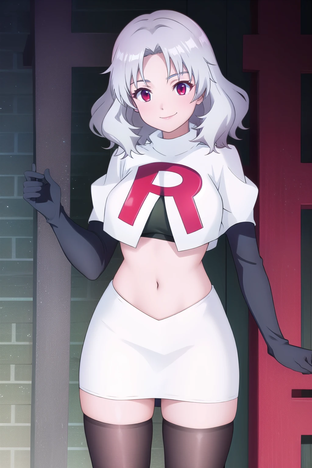 Tina_Holly, smile, (acclaimed, alluring, captivating, exciting, gorgeous), (trending on CGSociety, trending on pixiv, contest winner:1.3), team rocket,team rocket uniform,white skirt,red letter R,crop top,black thigh-highs,black elbow gloves