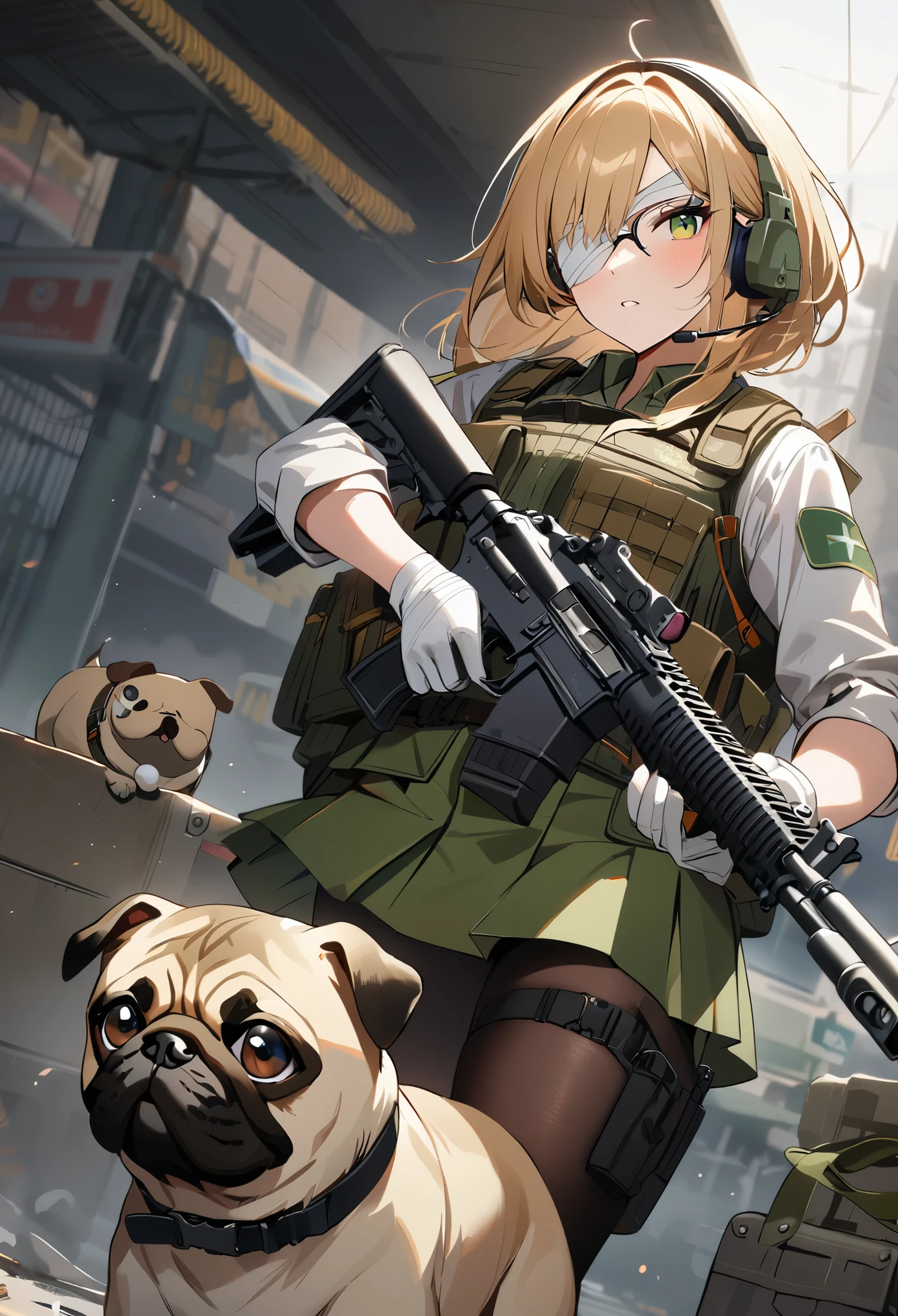 1girl, best quality, uniform, microphone, assault rifle, thigh holster, military uniform, weapon, skirt, glasses, gloves, animal, pug, krag jorgensen, m1911, dog, first aid kit, pantyhose, snake, long sleeves, fn fal, green skirt, military, m60, rifle, bandages, long hair, blonde hair, military operator, load bearing vest, handgun, watch, machine gun, solo, holster, short hair, bandage over one eye, headset, gun, green eyes, masterpiece, newest, absurdres, safe