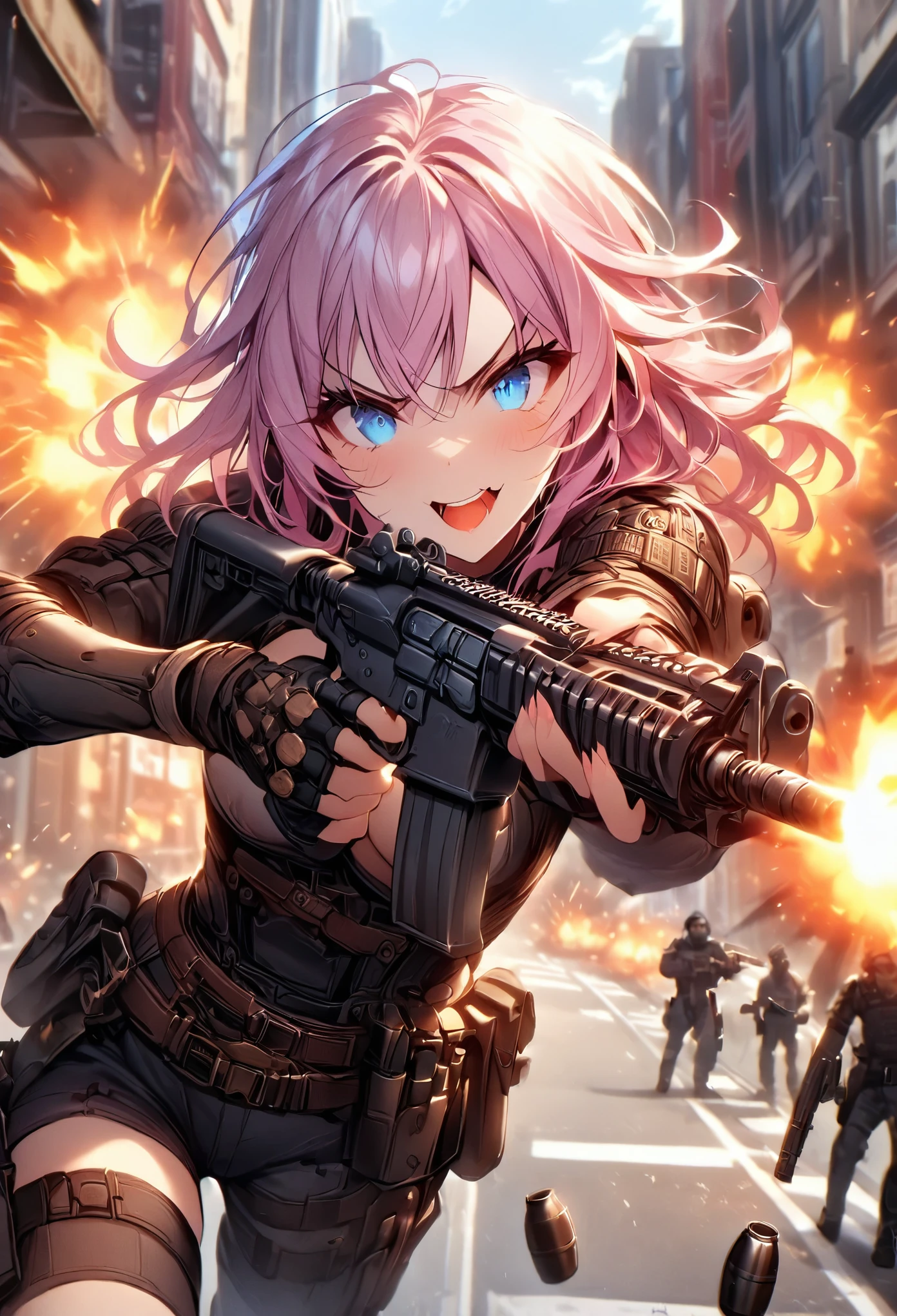 1girl, mercenary, pink hair, medium hair, wavy hair blue eyes, hazel, maniacal laugh, v-shaped eyebrow, evil smile, open mouth ammunition belt, grenades, drop-down pistol holster on the right hip, holstered pistol on the right hip, (holding an assault rifle, aiming at viewer), new york street, gunfight, shootout, shot NYPD cruisers, an explosion in the street