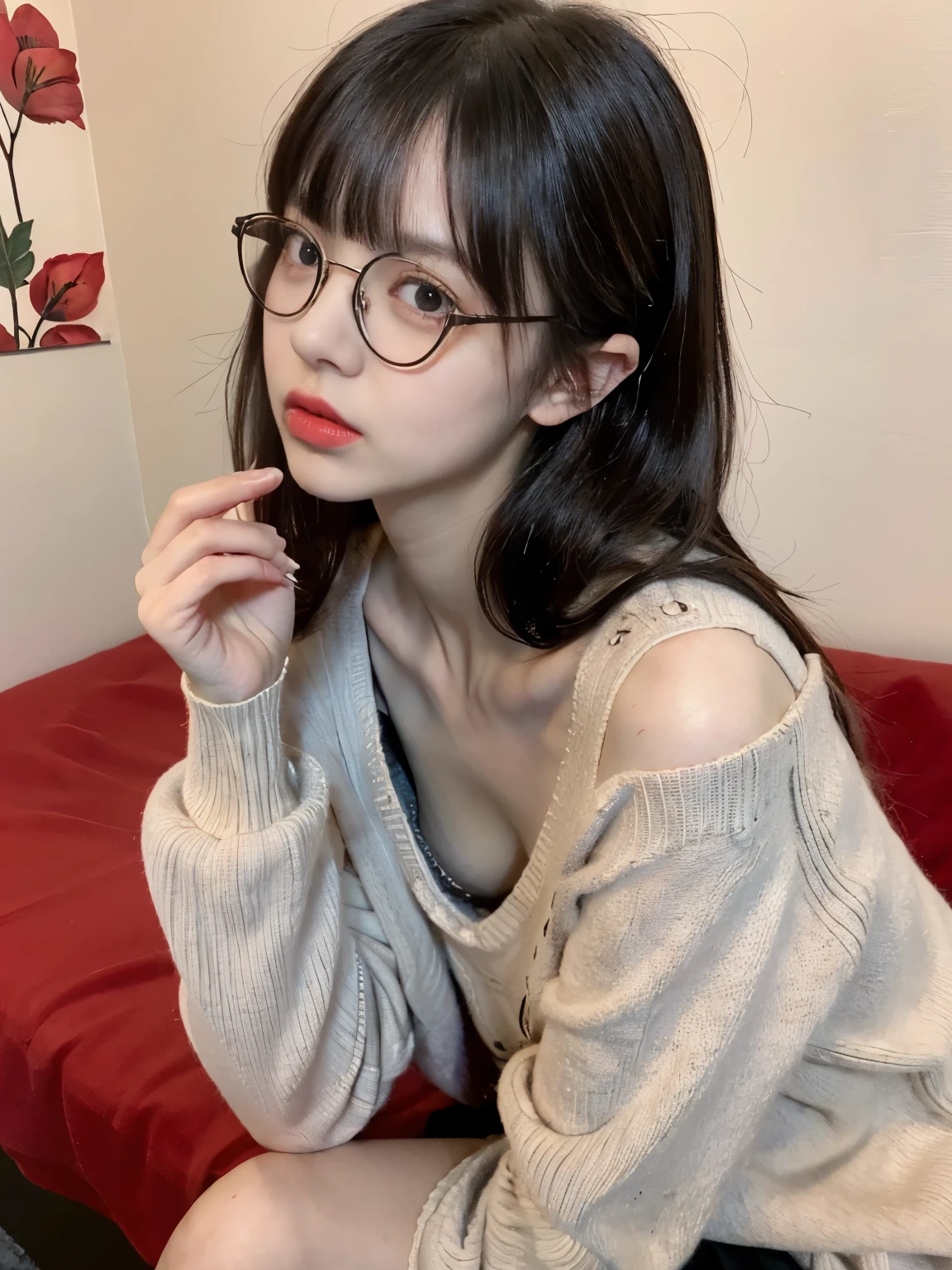 raw photo, 8k, (top-quality), Realistic, (real picture, Intricate details), (natural skin texture, detailed skin, hyper realism, sharpness), (Japanese teenage glasses girl sitting on bed in a red hotel at night), ((gray hand-knitted long sweater, v-neck sweater, no bra)), (((flat chast:1.5, munechira))), (slender body, pale skin:1.2), ((straight hair, blunt bangs)), (glasses provocative look, Parted lips:1.3, eye bag:1.3, red thick lips, under eye circle), night time, red wallpaper, hard lighting:1.3, upper angle 