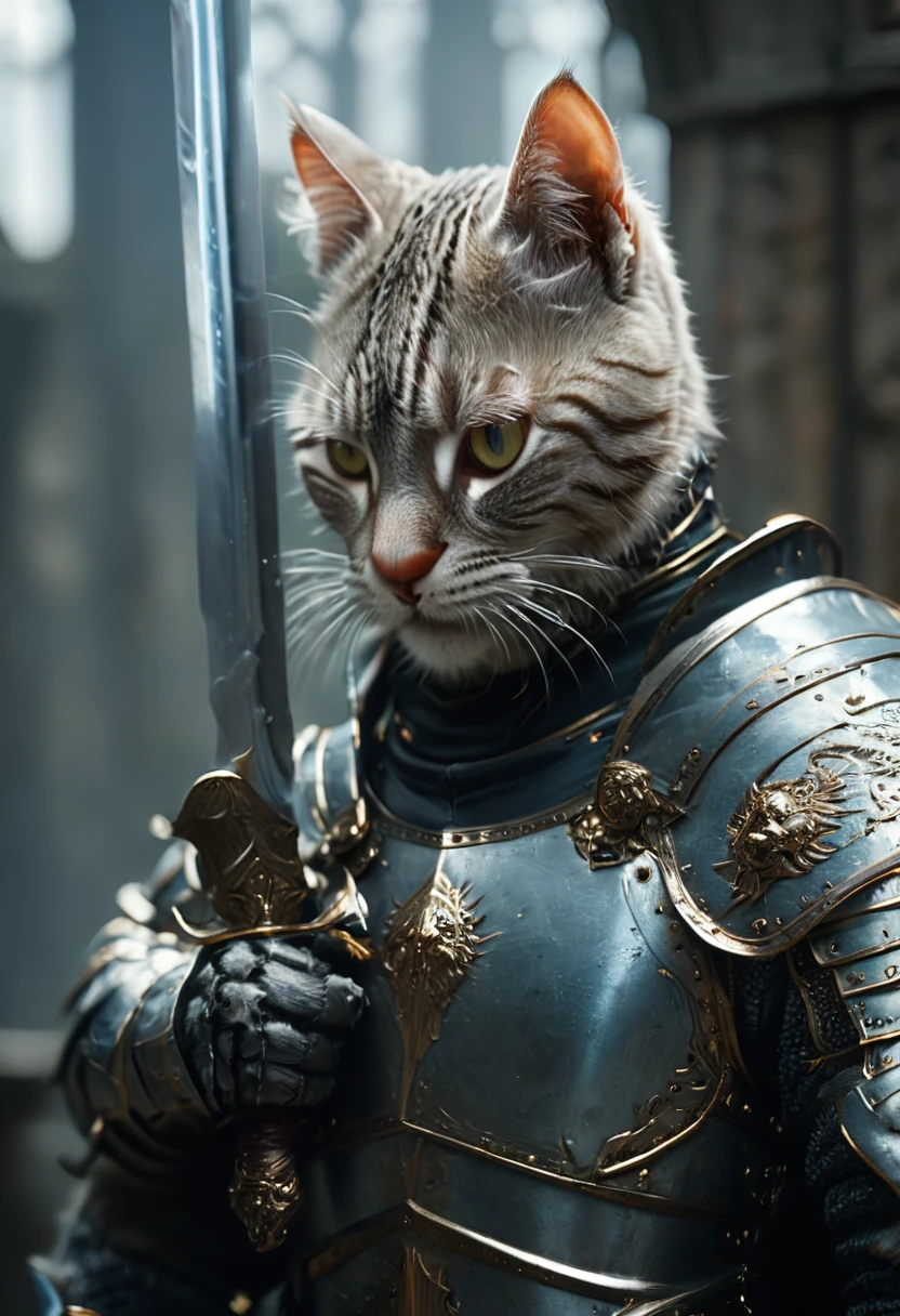 cat, Sword and shield, dynamic pose, Motion Blur, Movie Still, hkstyle, (masterpiece, best quality, perfect composition, very aesthetic, absurdres, ultra-detailed, intricate details, Professional, official art, Representative work:1.3)